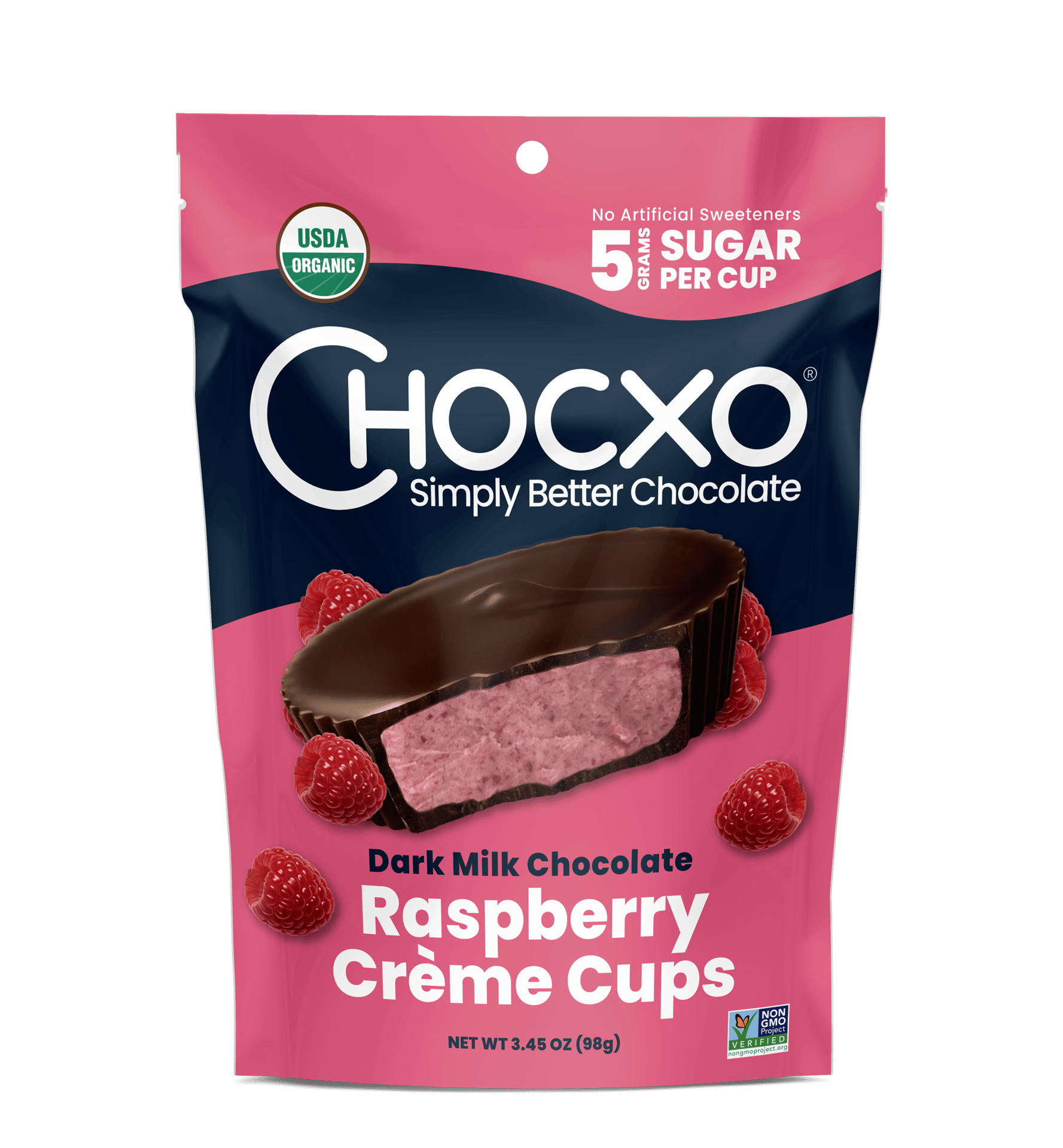 Upright pouch of raspberry crème cups