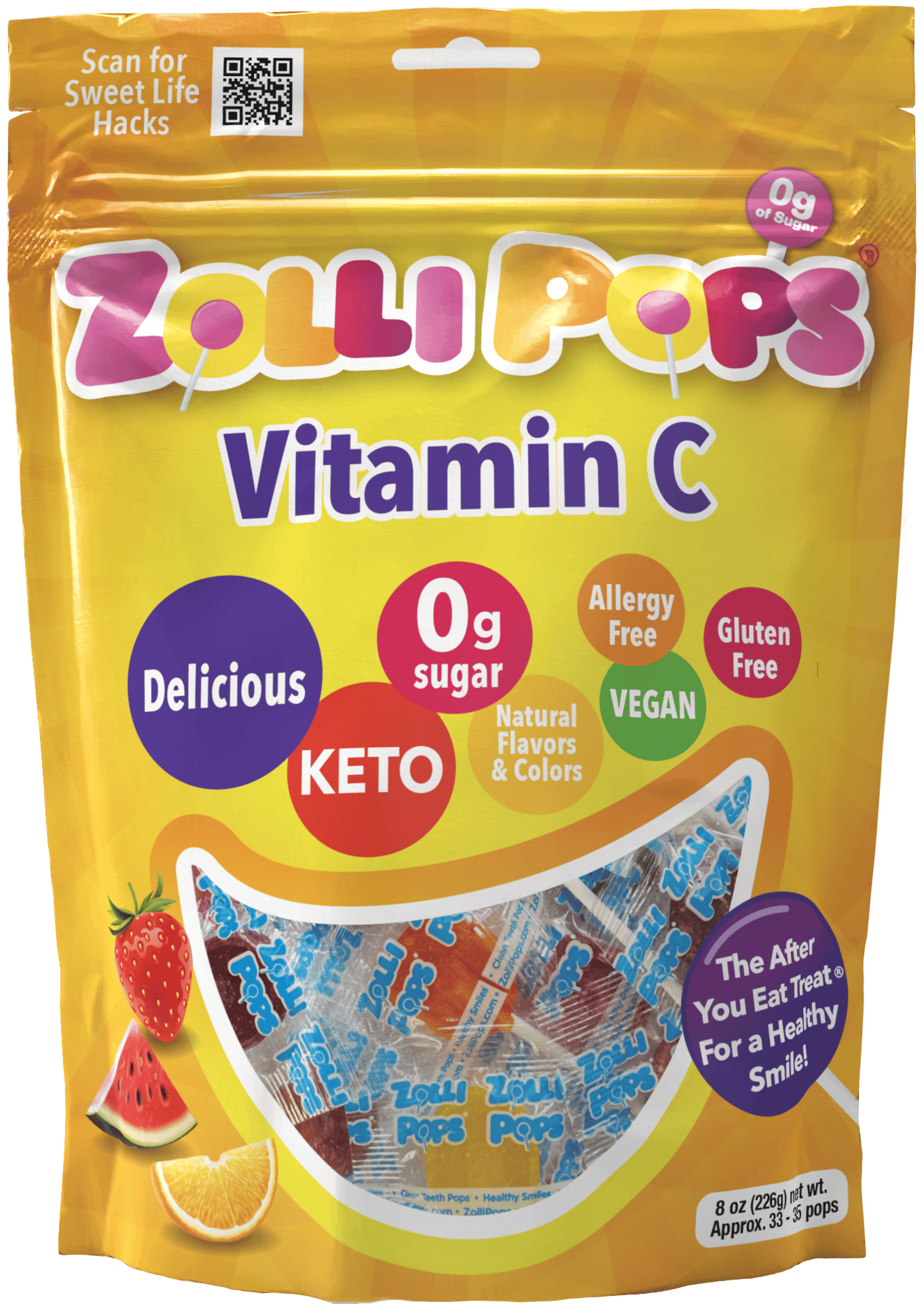 Zollipops with Vitamin C, in yellow packaging with callouts on the front such as “delicious,” “keto,” and “0g sugar.”