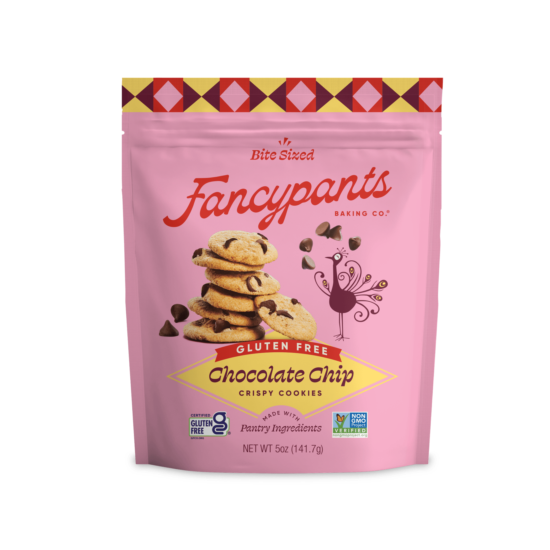 Fancypants’ Gluten Free Chocolate Chip cookies in pink packaging.