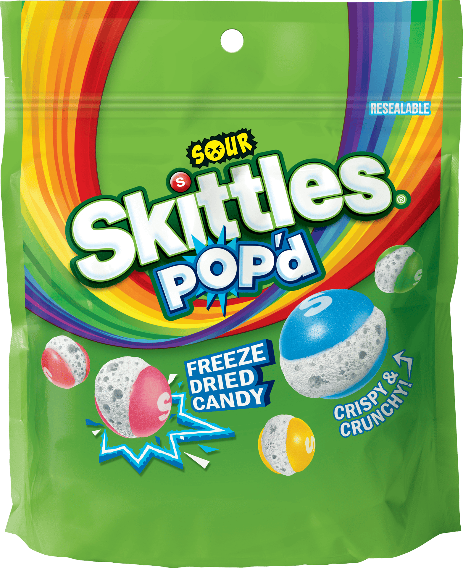 Green resealable bag of Sour Skittles Pop'd, crispy, crunchy, freeze-dried candy.