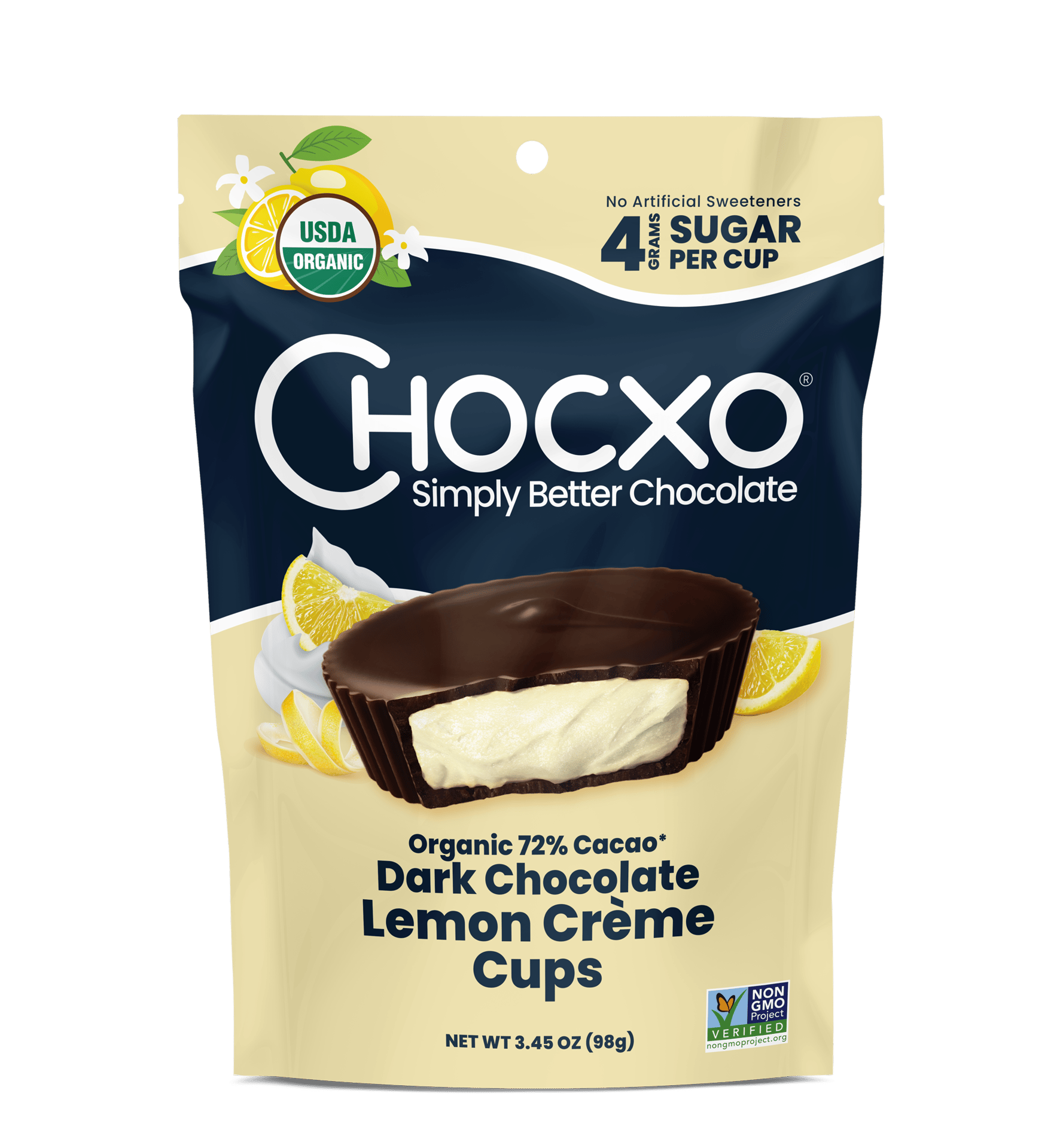 Upright pouch of Chocxo Dark Chocolate Lemon Crème Cups