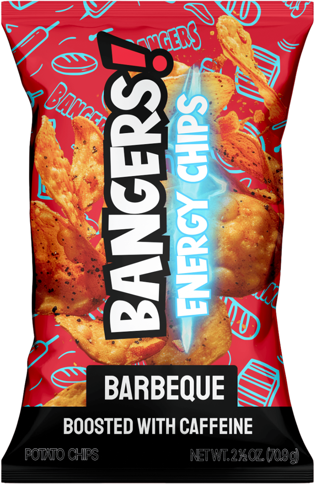 Red bag of Bangers! Barbeque Energy Chips, boosted with caffeine.