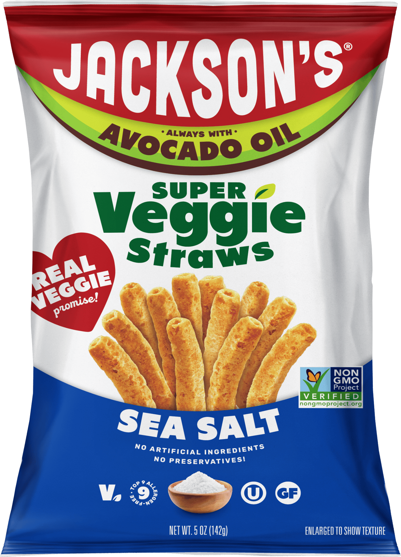 Jackson's Super Veggie Straws with Sea Salt and Avocado Oil, Non-GMO, gluten-free, no artificial ingredients.