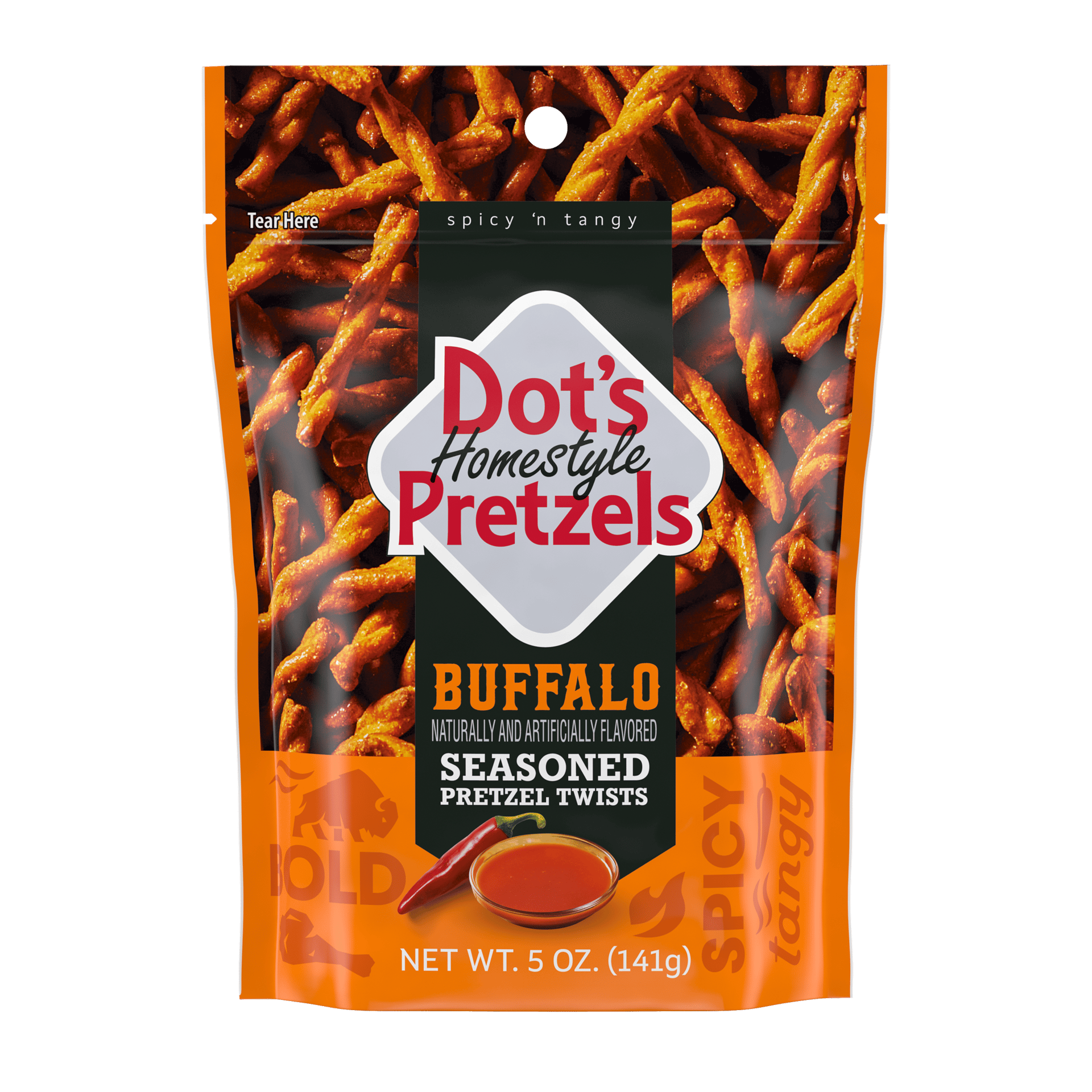 Orange bag of Dot's Homestyle Buffalo Seasoned Pretzel Twists, spicy and tangy.
