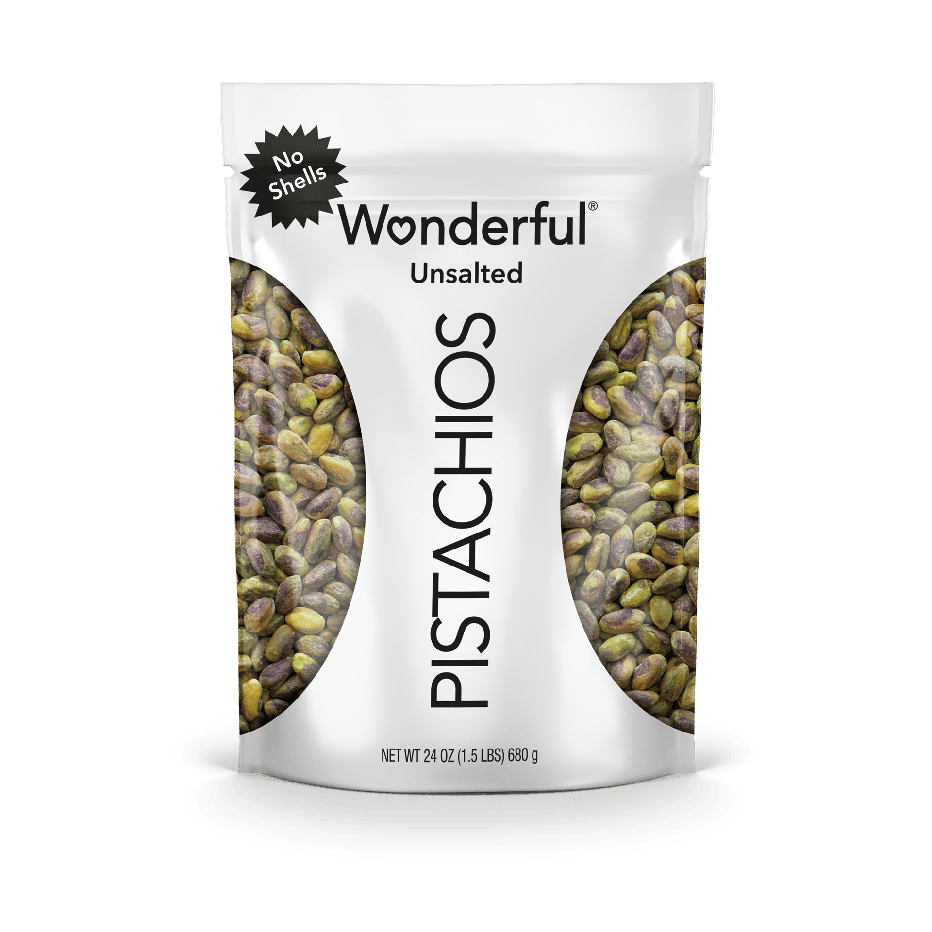 A white and clear bag of Wonderful Unsalted Pistachios, highlighting 'No Shells' and the net weight.