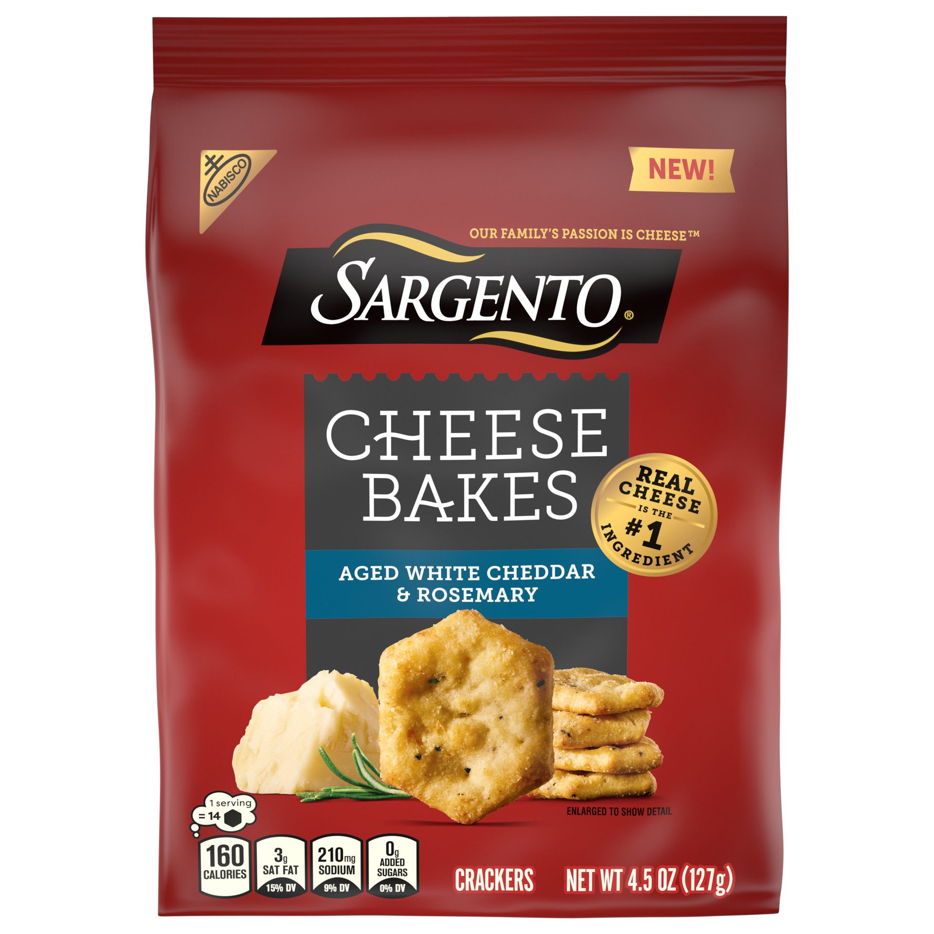 Sargento Cheese Bakes Aged White Cheddar & Rosemary crackers bag.