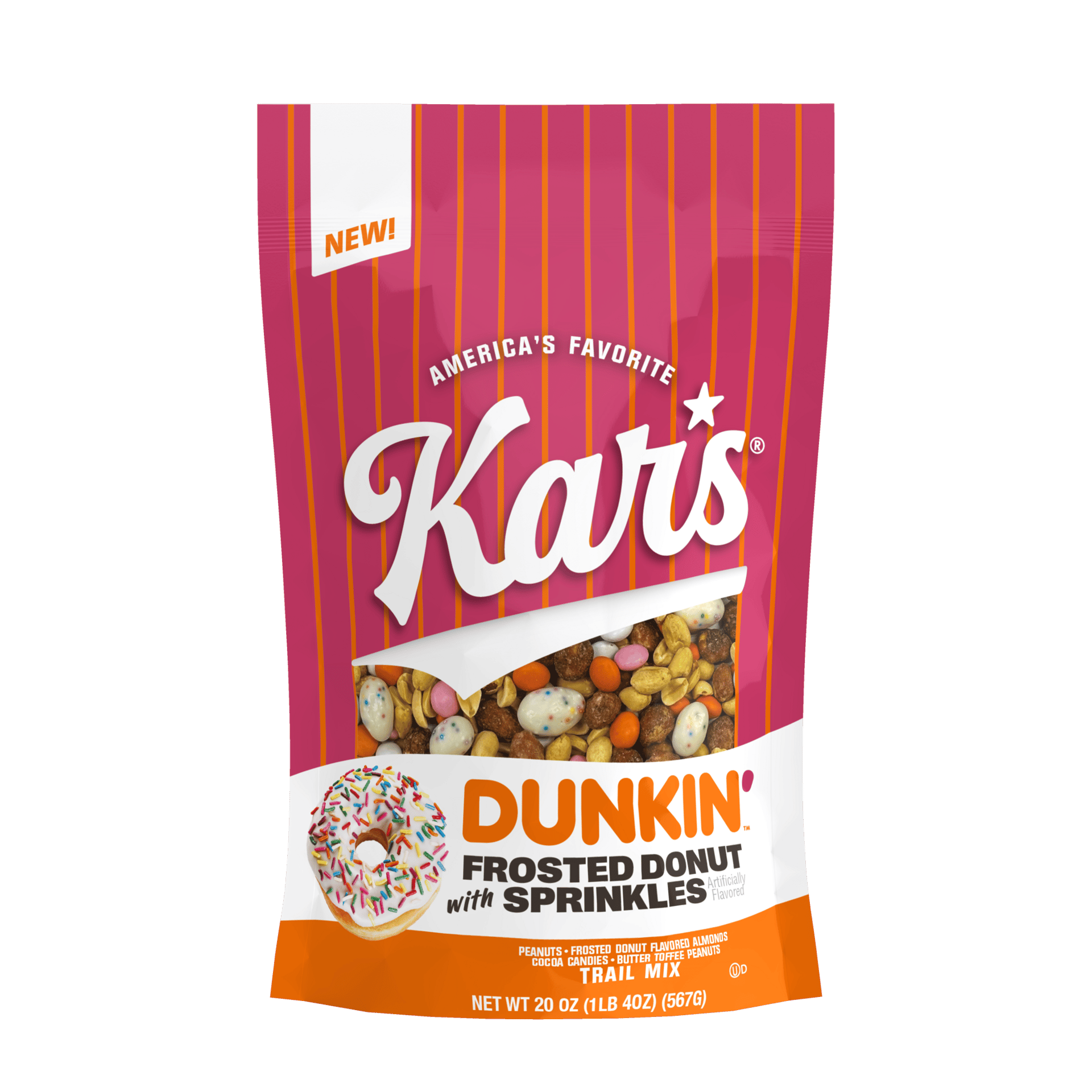 New Kar's Dunkin' Frosted Donut with Sprinkles Trail Mix bag with a donut graphic.