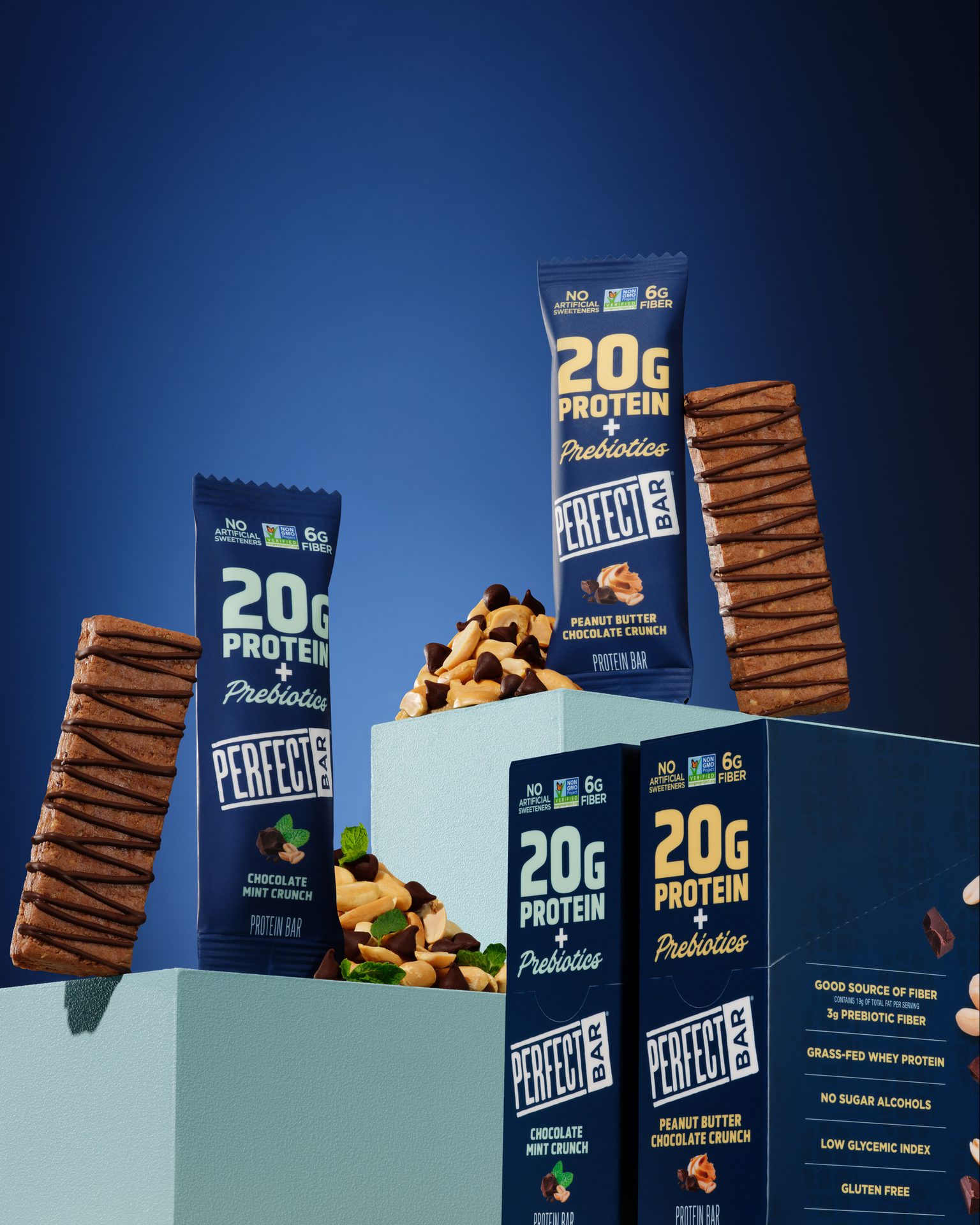 Perfect Bar protein bars and boxes, including Peanut Butter Chocolate Crunch and Chocolate Mint Crunch.
