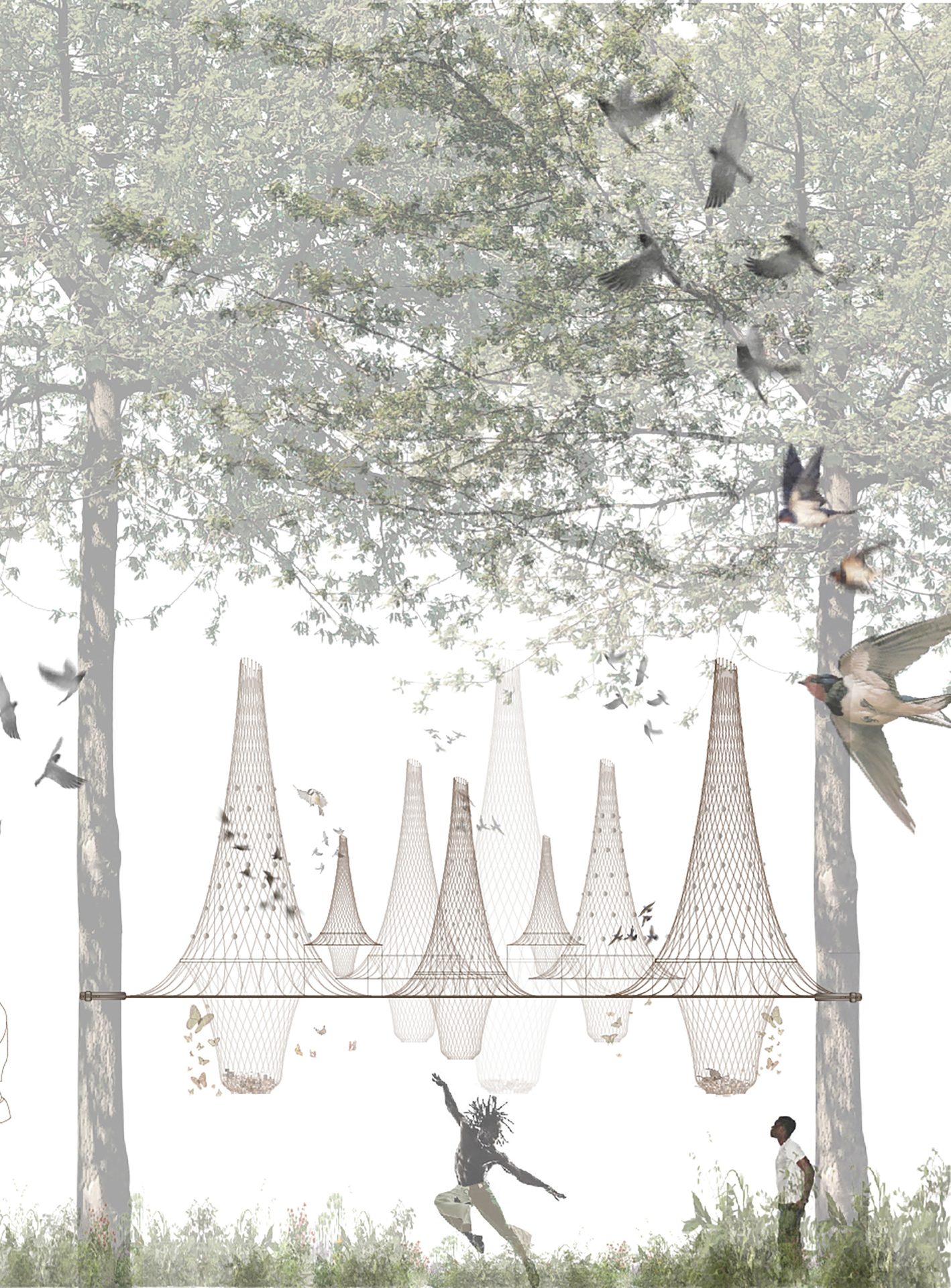 Artistic rendering: Trees, flying birds, suspended conical structures with wildlife, two people.