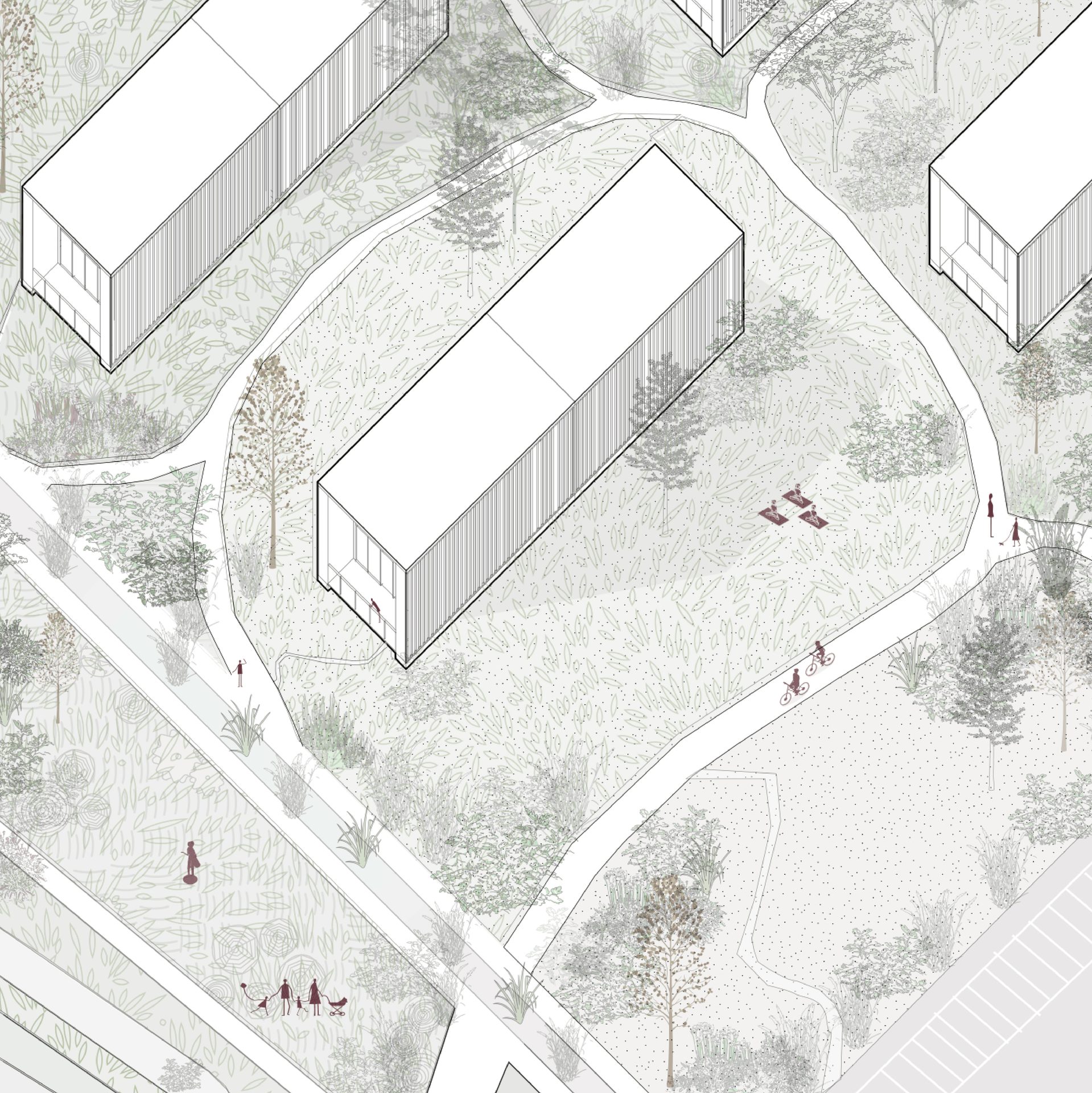Isometric drawing of modern buildings, winding paths, green spaces, and people cycling, picnicking, walking.