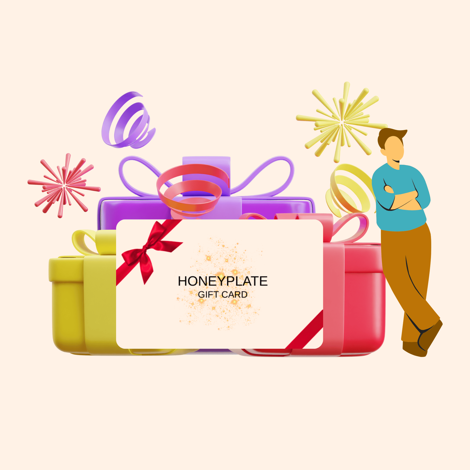 A man stands with his arms crossed next to colorful gift boxes and a Honeyplate gift card.