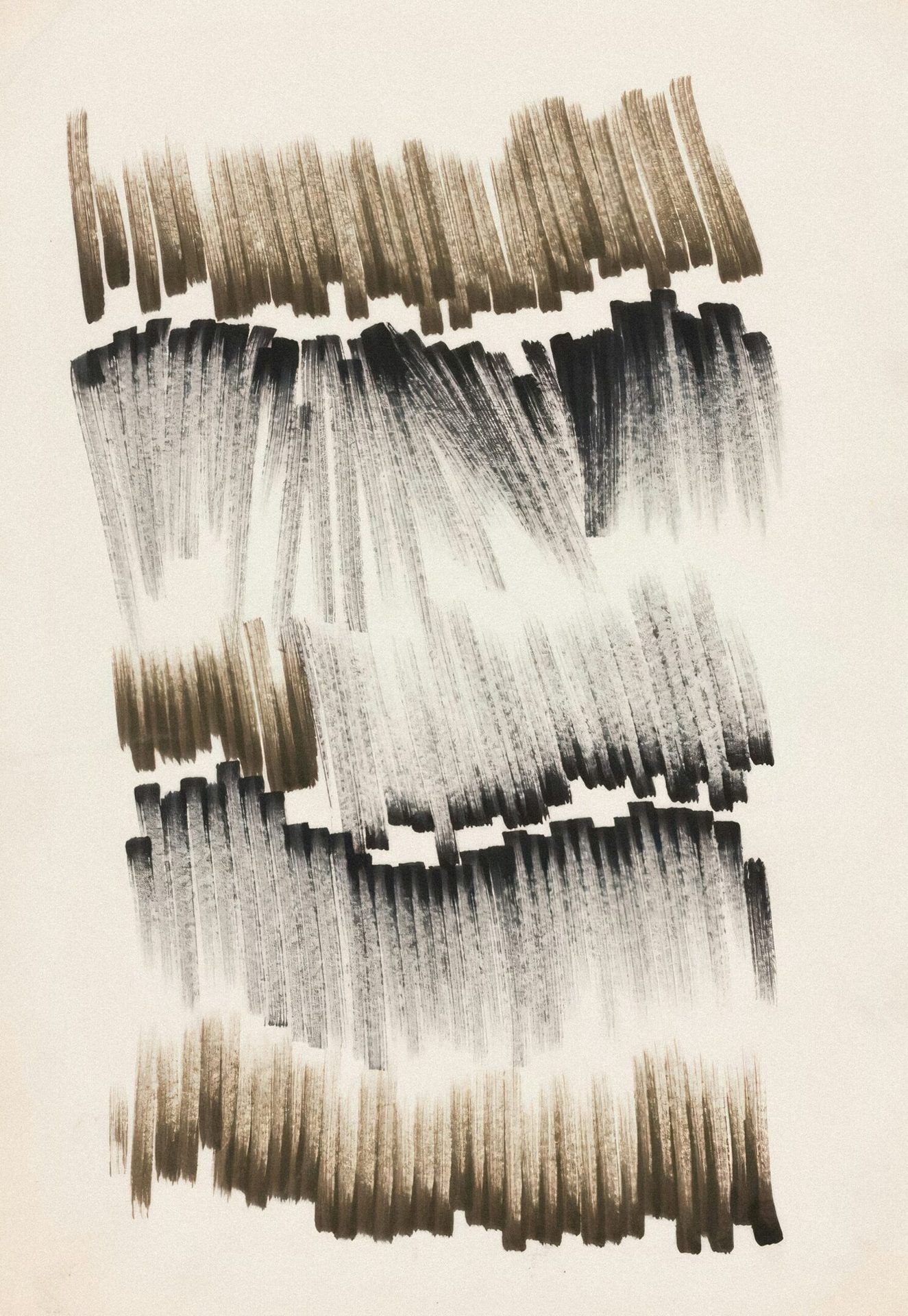 Abstract artwork with layered bands of brown and black marker strokes on a light background.