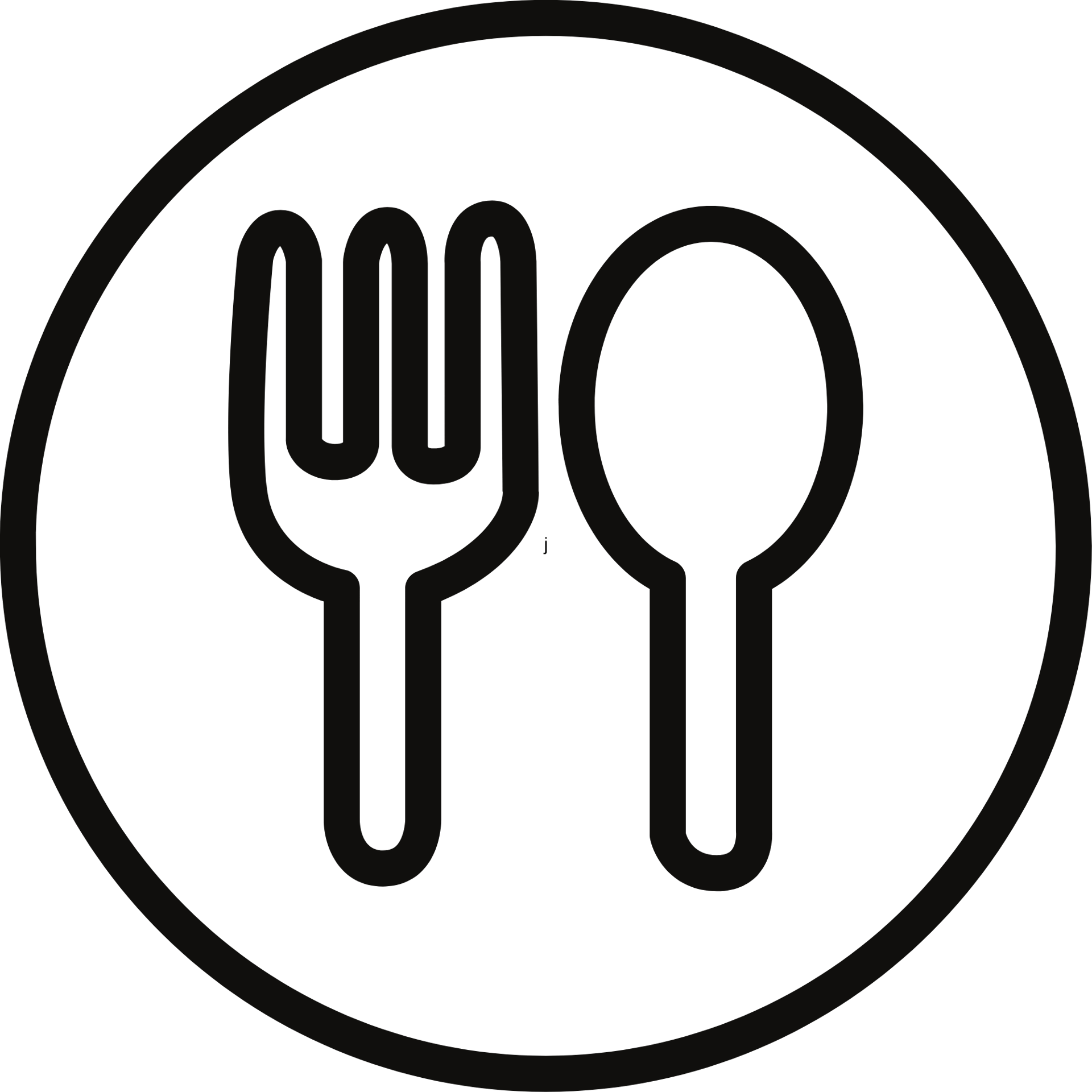 An outline icon of a fork and spoon, side-by-side, within a circular border, symbolizing food or a restaurant.