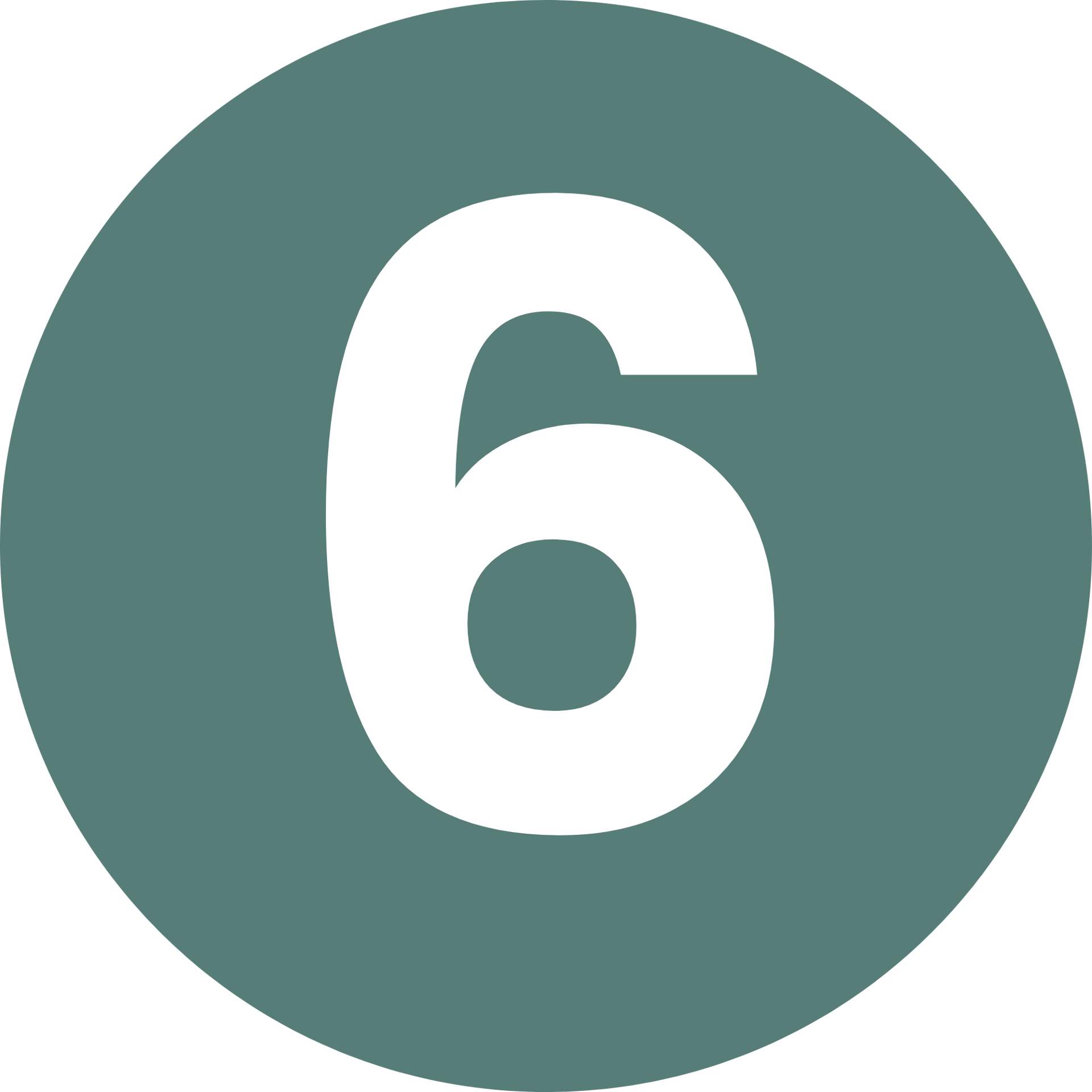 A white number 6 is centered within a teal circle, set against a dark green background.