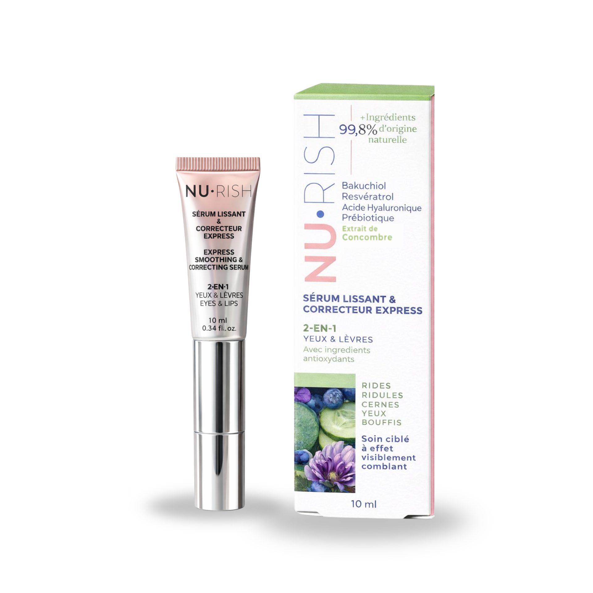2-in-1 eye & lip serum with Bakuchiol, Resveratrol, Hyaluronic Acid to smooth wrinkles & reduce puffiness.