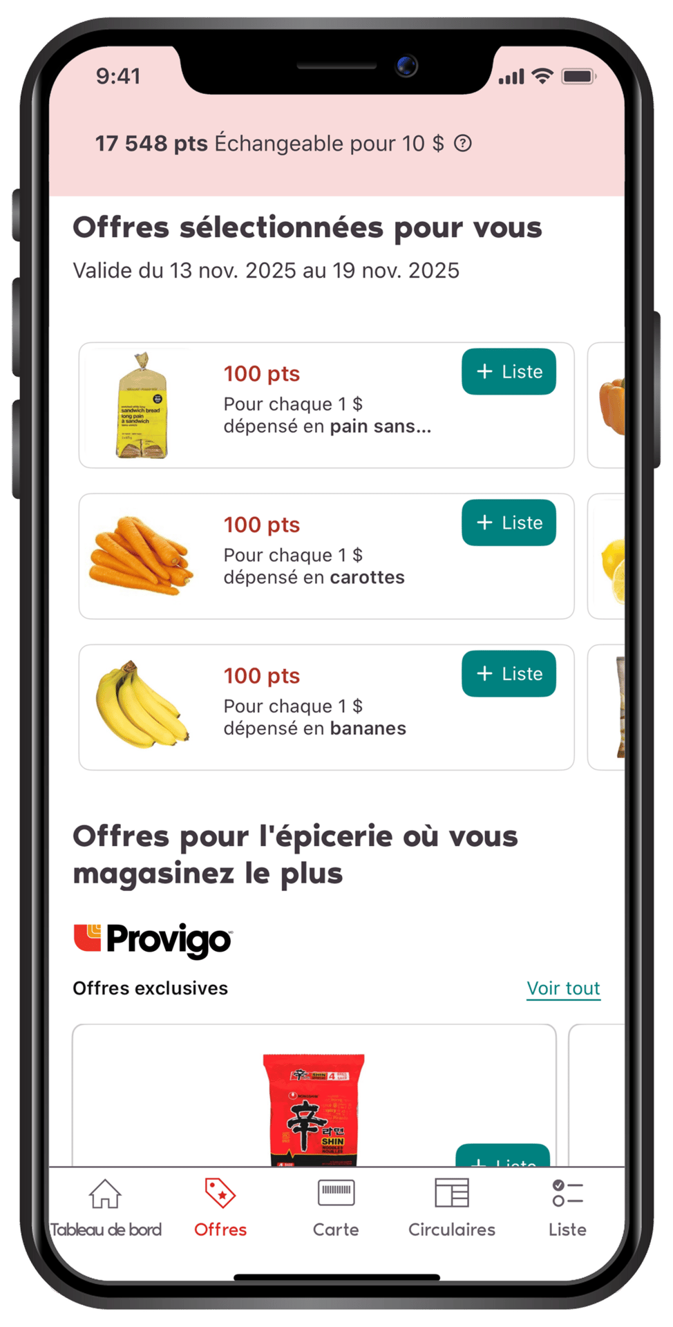 Mobile app screen displaying loyalty points, personalized grocery offers for produce and bread, and Provigo exclusives.