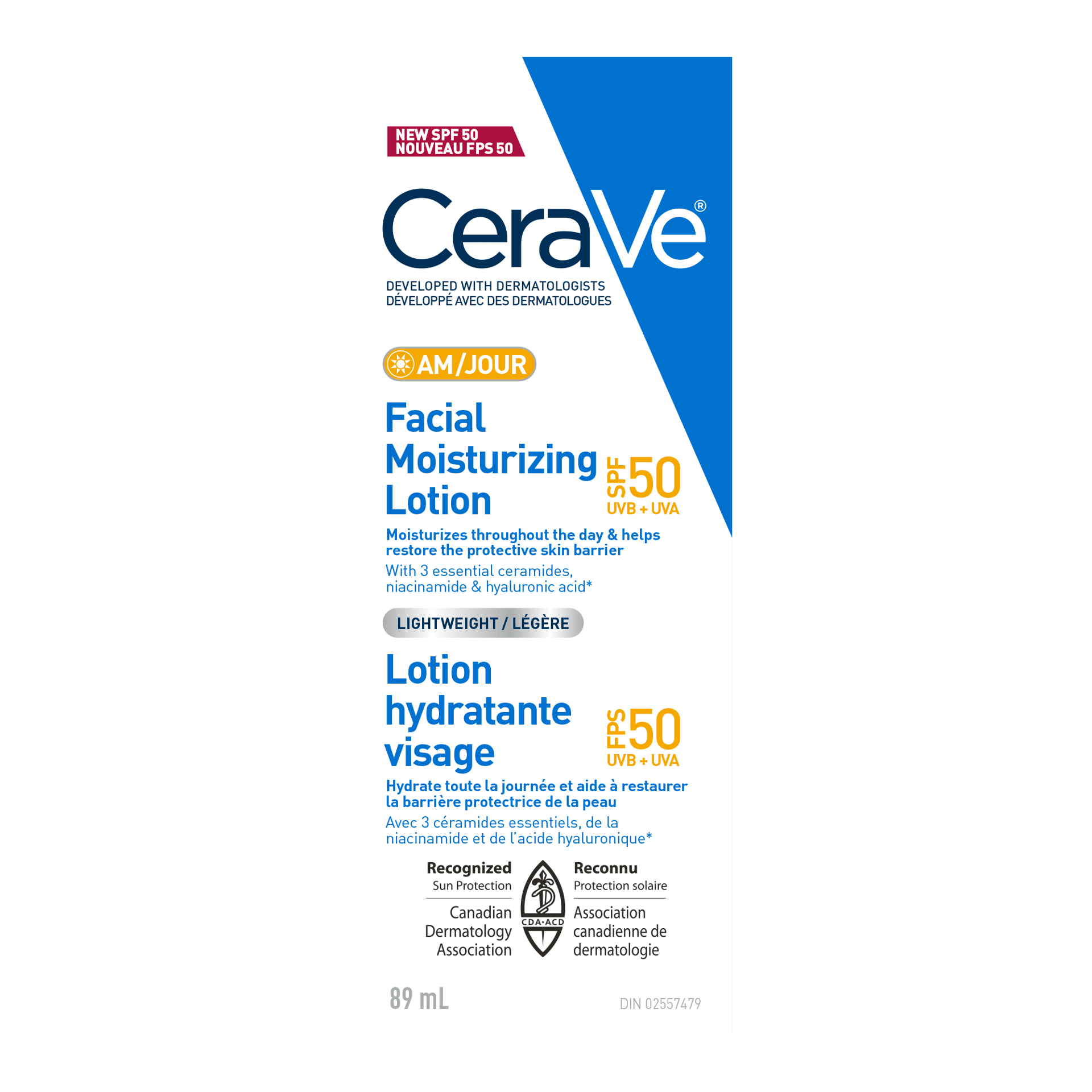 CeraVe Facial Moisturizing Lotion with SPF 50, developed with dermatologists, for daily use, 89 mL.