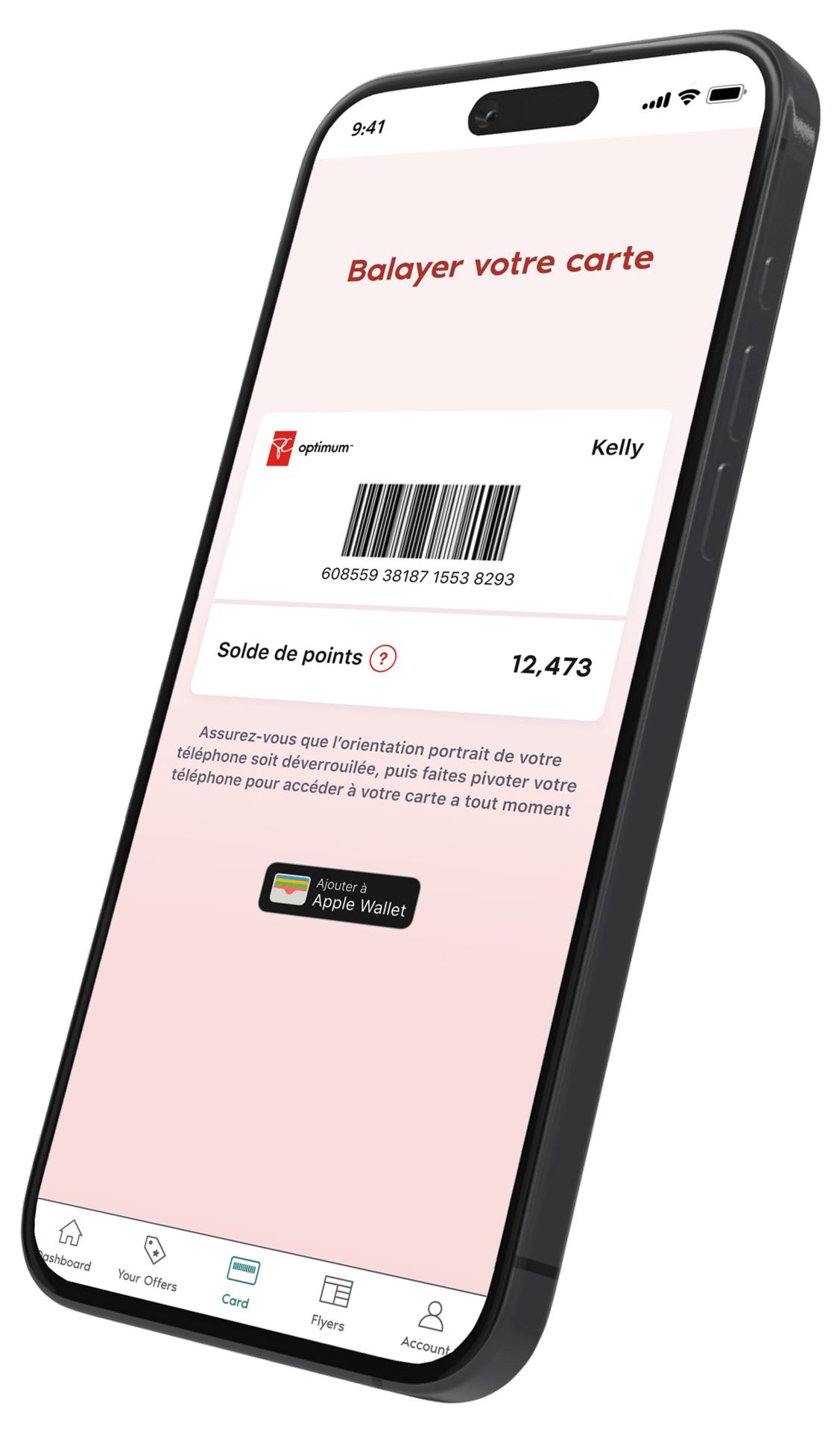 Smartphone displaying a French loyalty card app with a barcode, point balance, and Apple Wallet option.