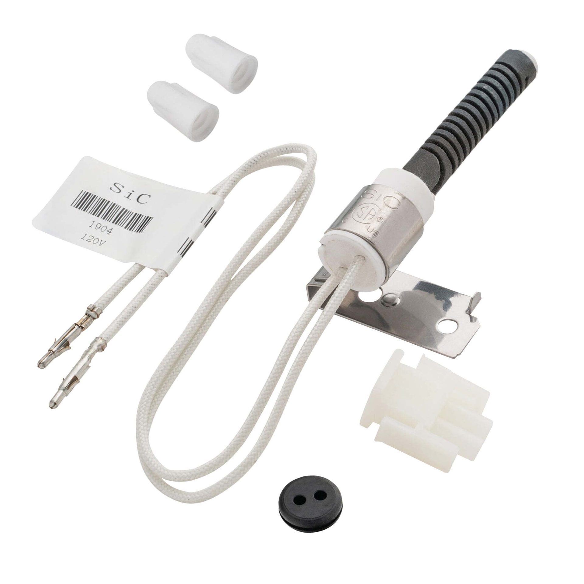 SiC hot surface igniter kit with wires, connectors, mounting bracket, wire nuts, and grommet.
