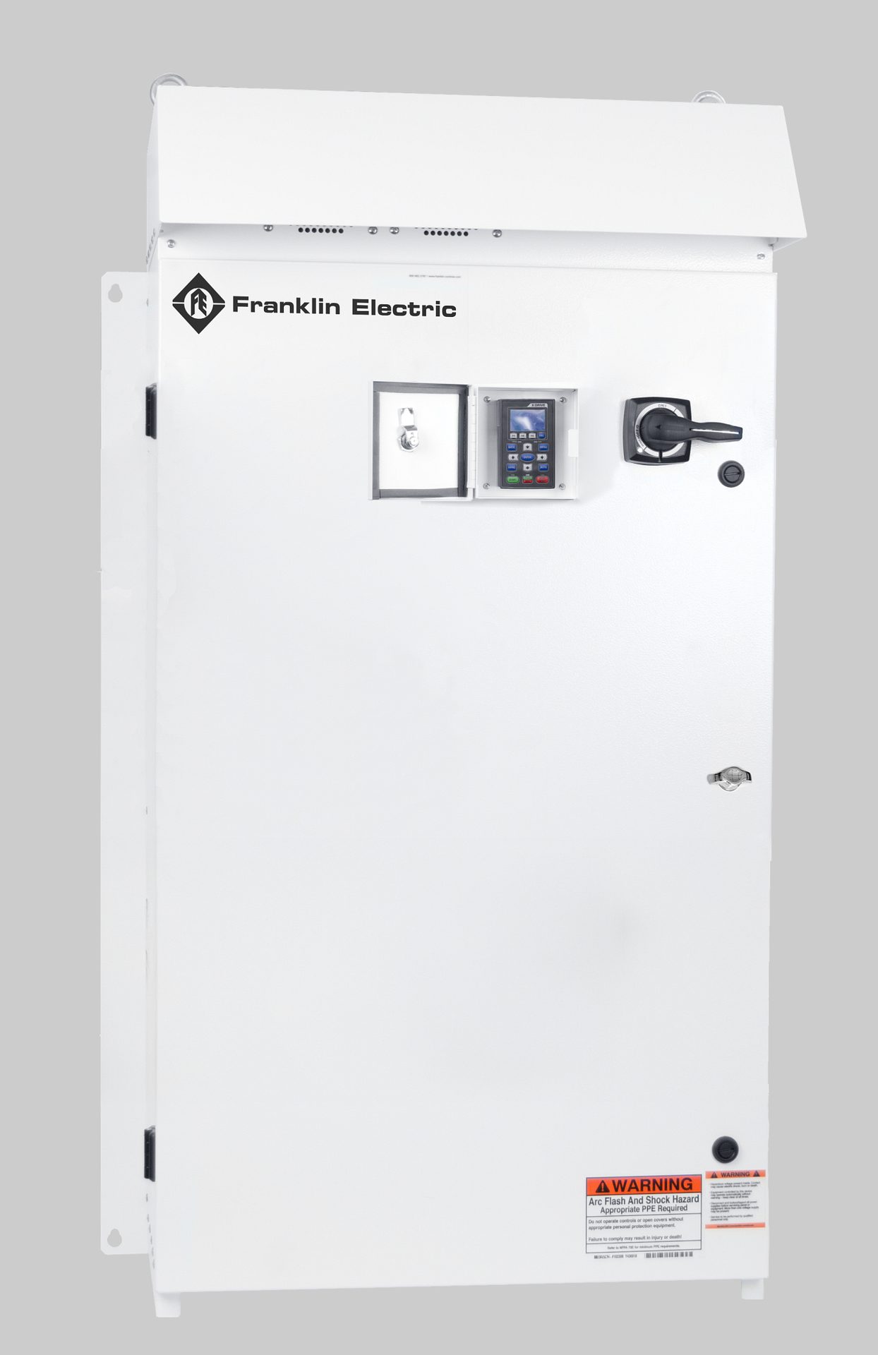 Franklin Electric control panel with a display, selector switch, and arc flash warning.