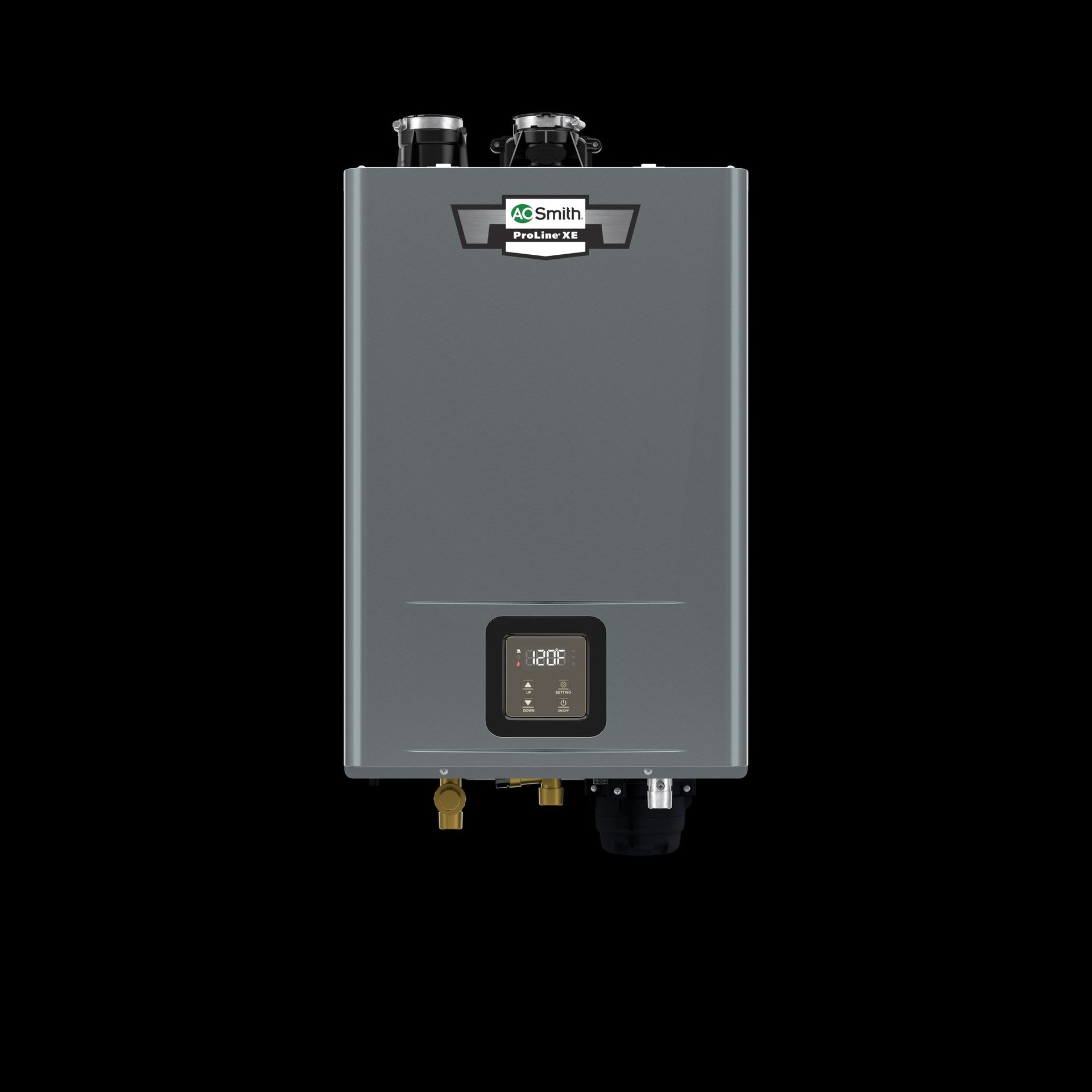 Gray tankless water heater with an A. O. Smith ProLine XE logo and a digital display showing 120F.