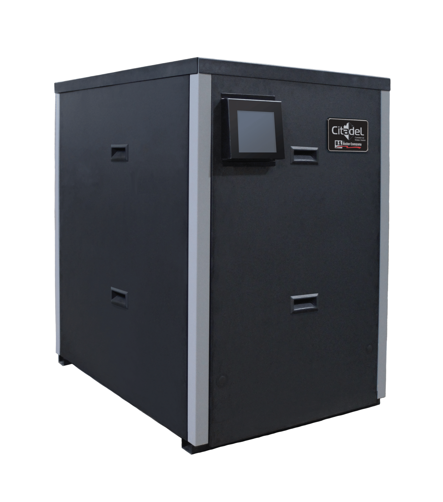 Dark grey Citadel Commercial Water Heater with a digital control screen.