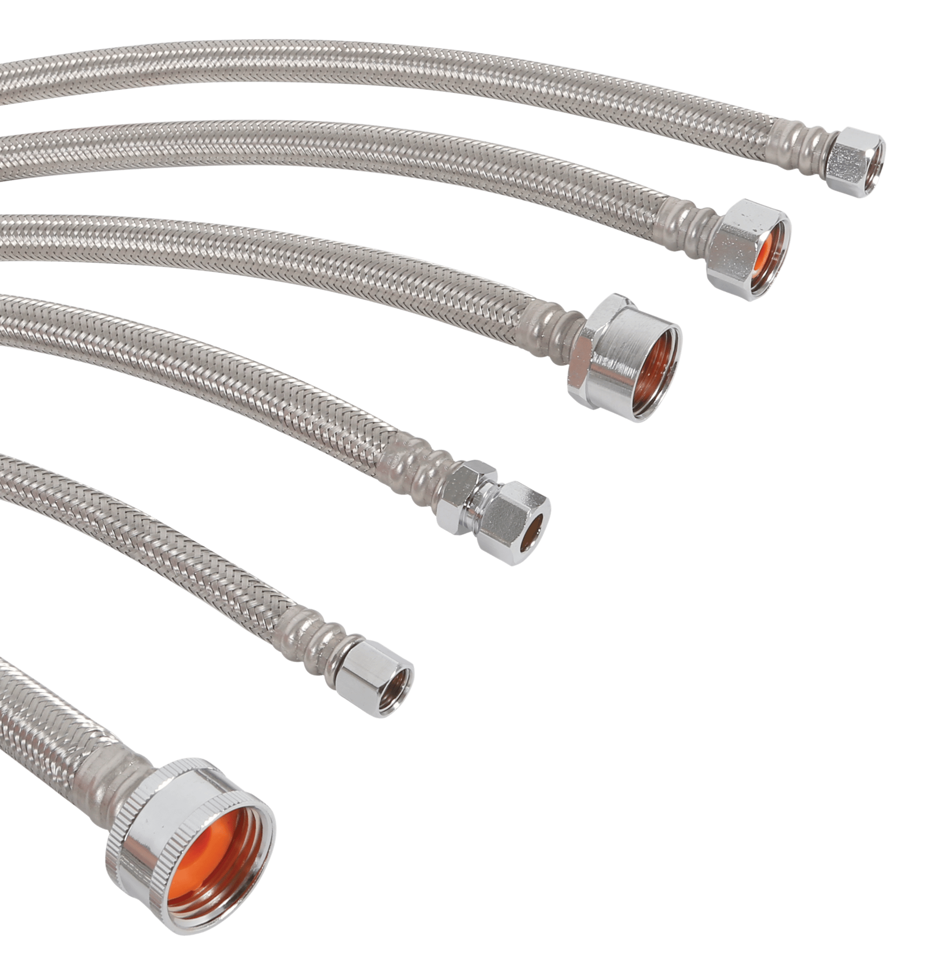 Metal braided hoses with various fittings fanned on green.