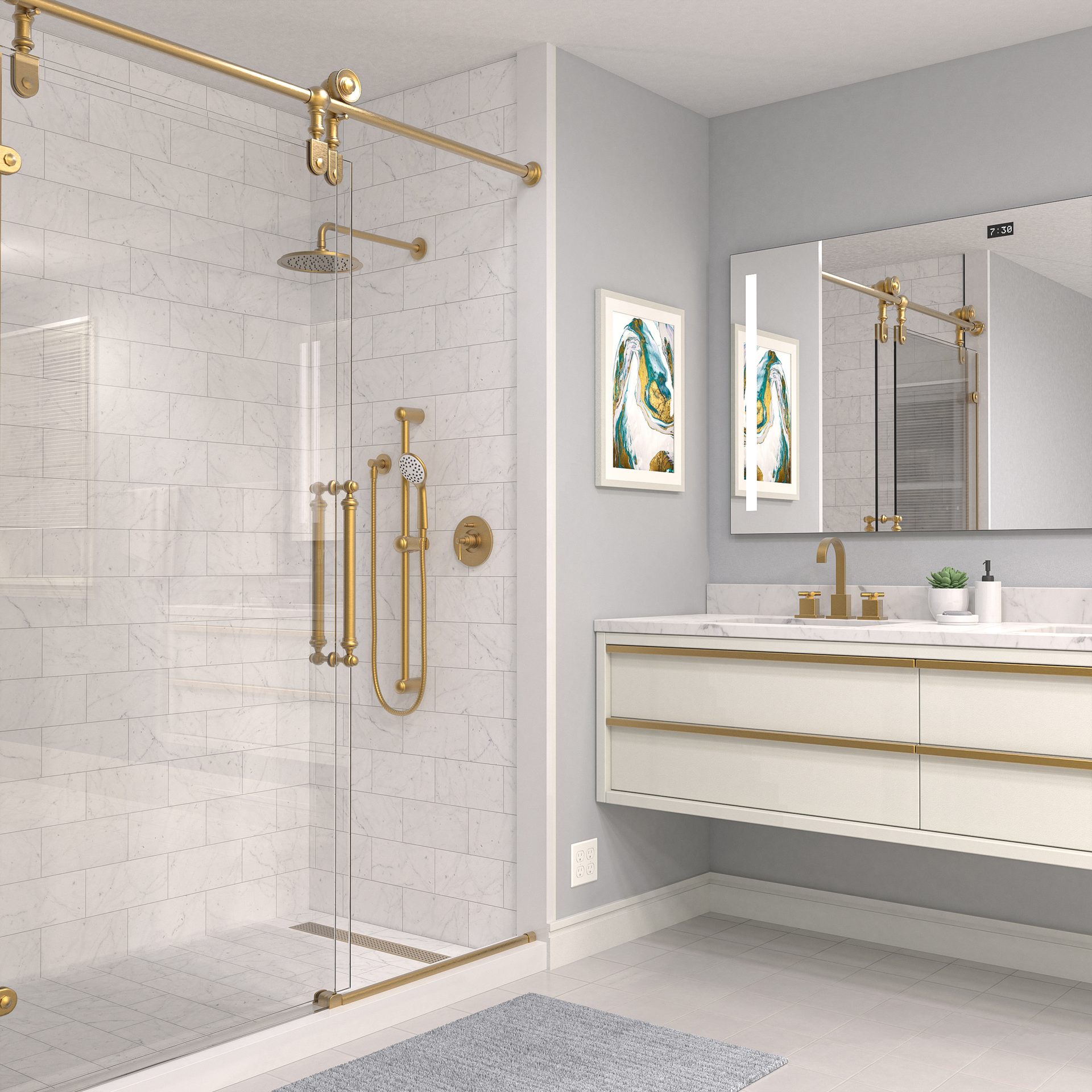 Interior design, Plumbing fixture, Shower head, Flooring, Floor, Bathroom, Tap, Ceiling