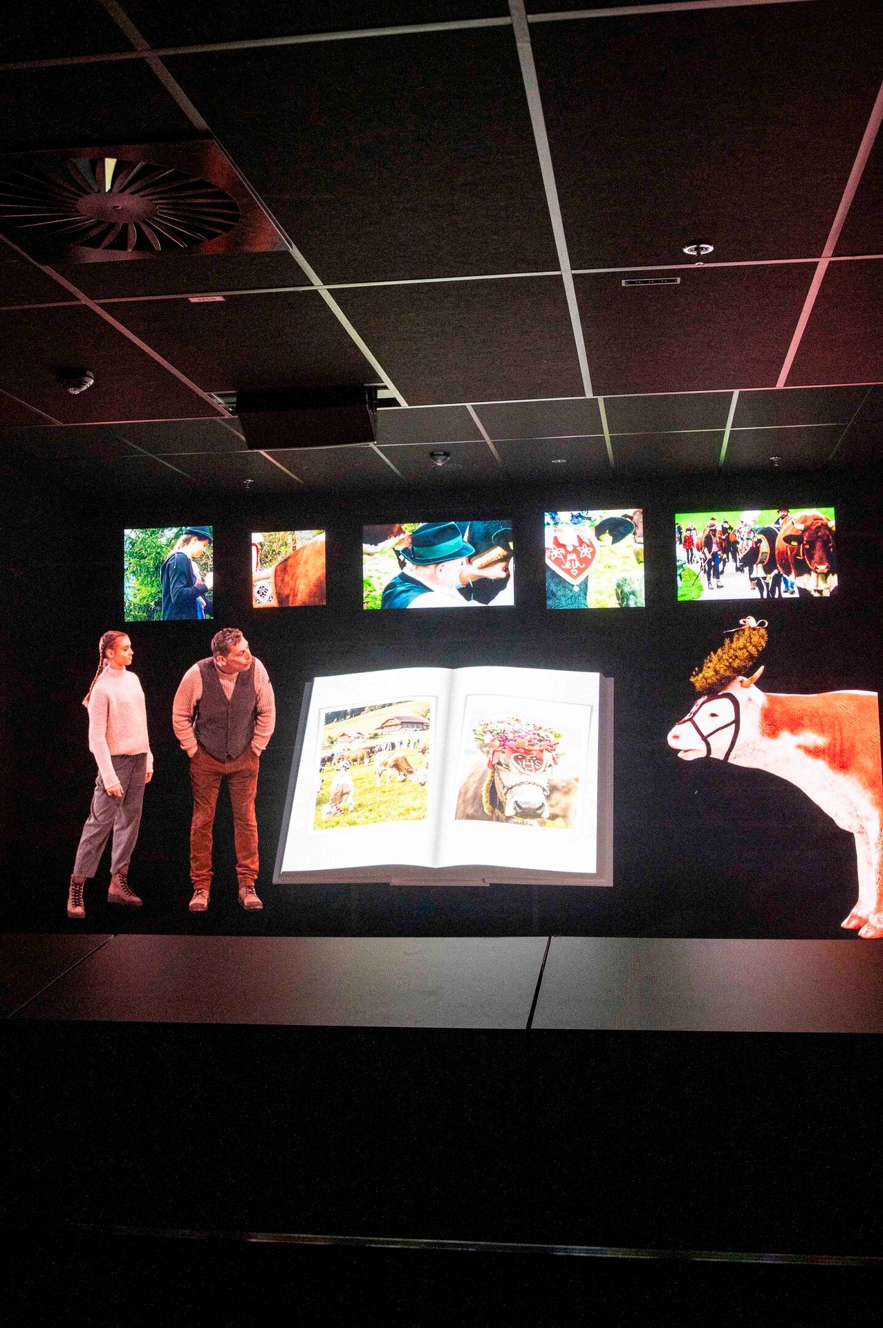 Dark exhibit room with projected people, large book, and screens showing cows.