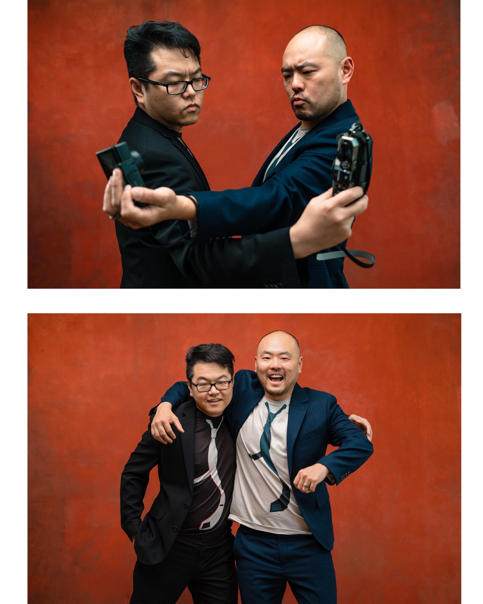 Two men in suits. Top: humorous camera poses. Bottom: joyful embrace.