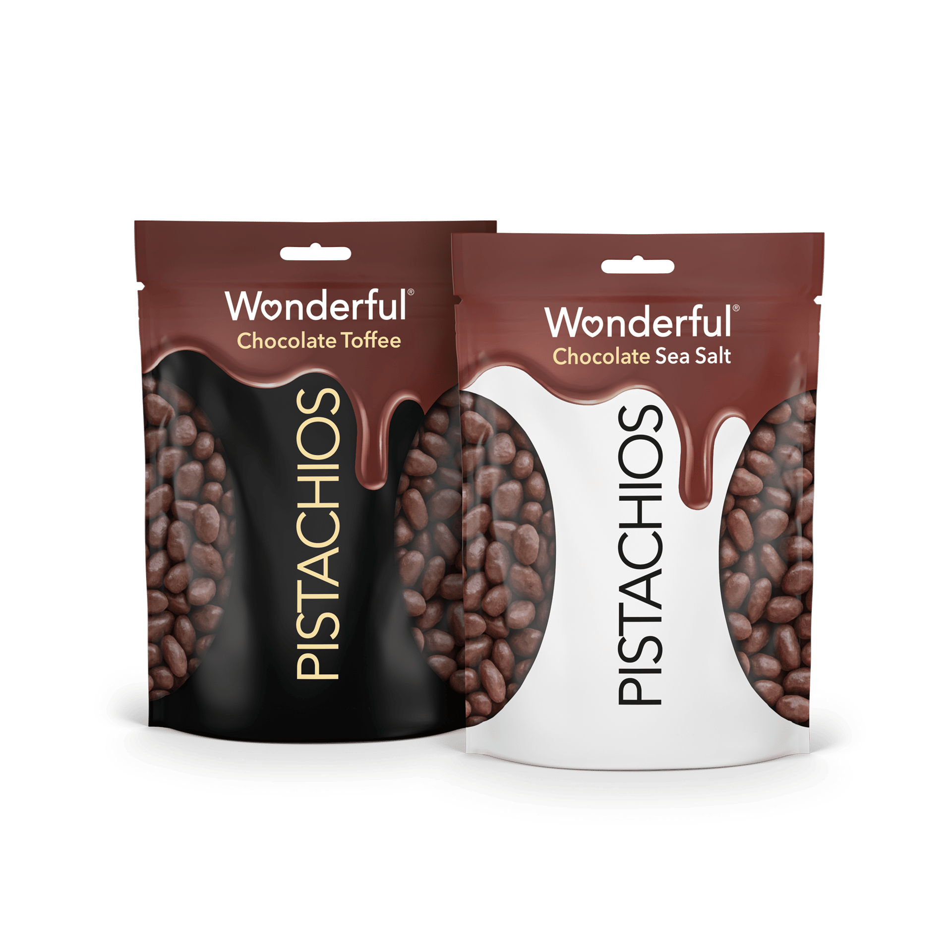 Two pouches of Wonderful Pistachios, chocolate toffee and chocolate sea salt flavors.