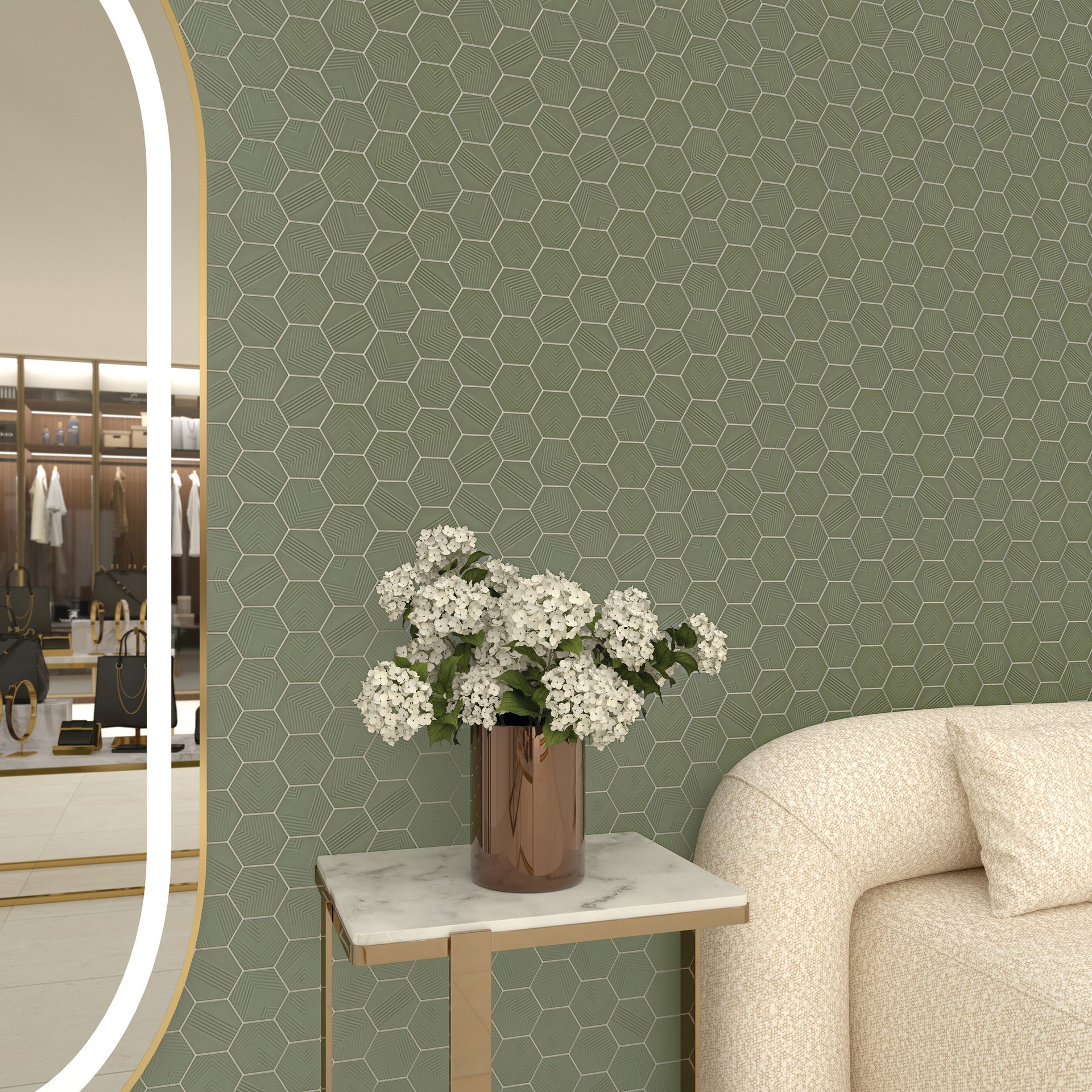 Interior design, Living room, Flower, Furniture, Plant, Property, Vase, Couch, Table, Grey