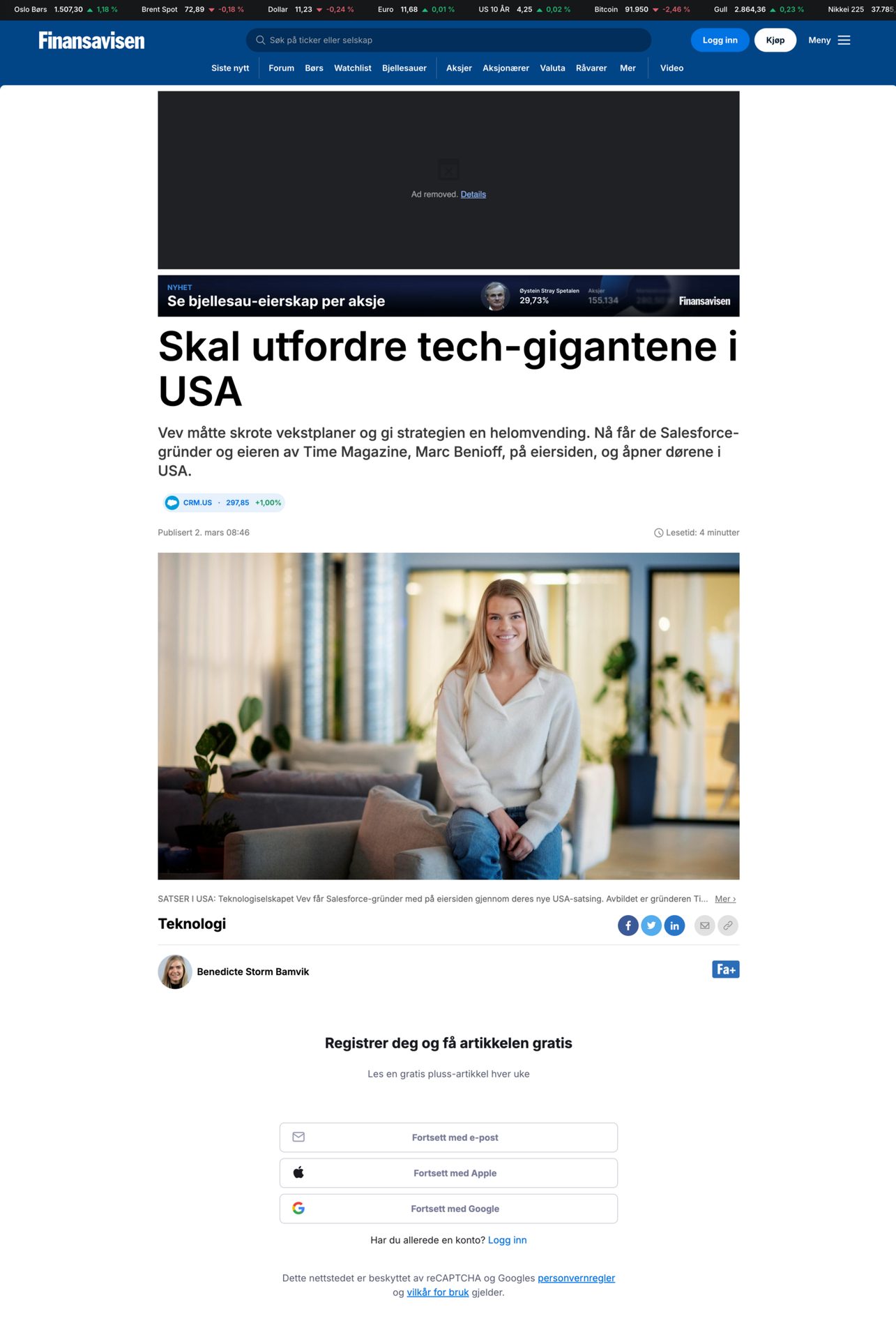Finansavisen article: Vev tech company expands to USA, featuring the founder.
