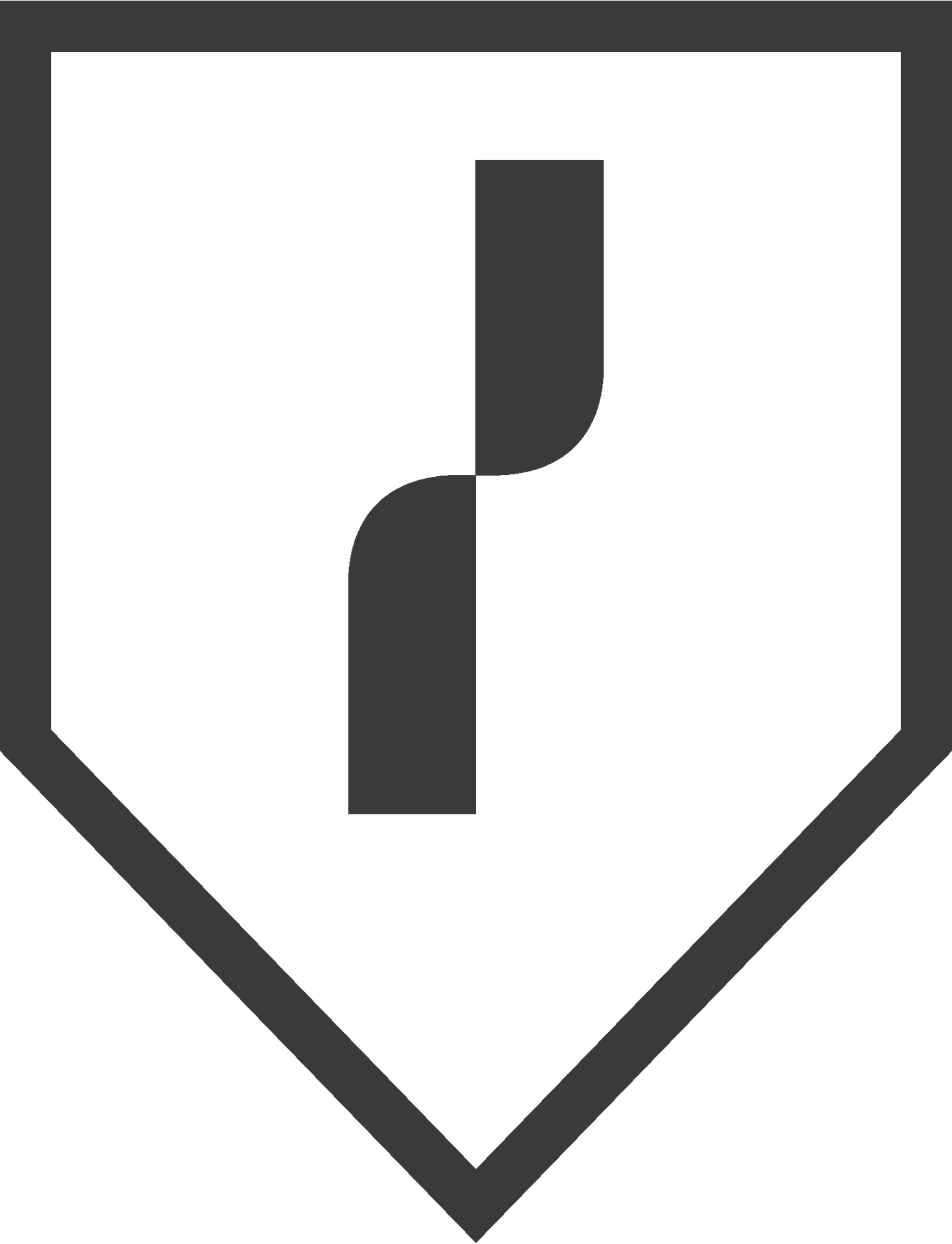 Dark gray stylized 'S' or winding path inside a dark green shield with a dark gray border.