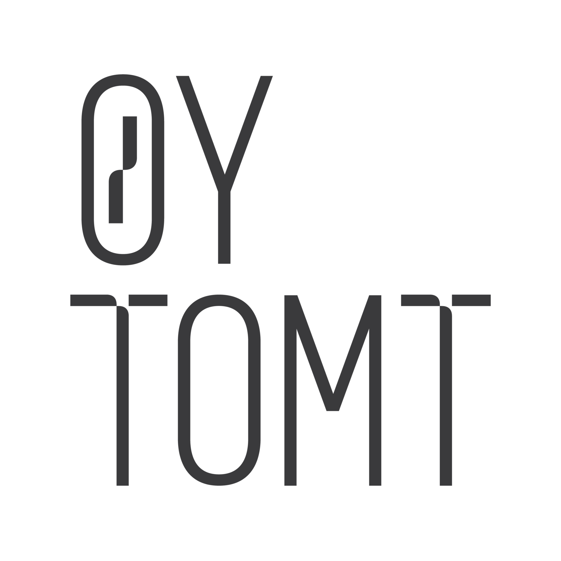 Dark gray text "OY TOMT" on a dark green background. The 'O' in 'OY' contains a stylized symbol.