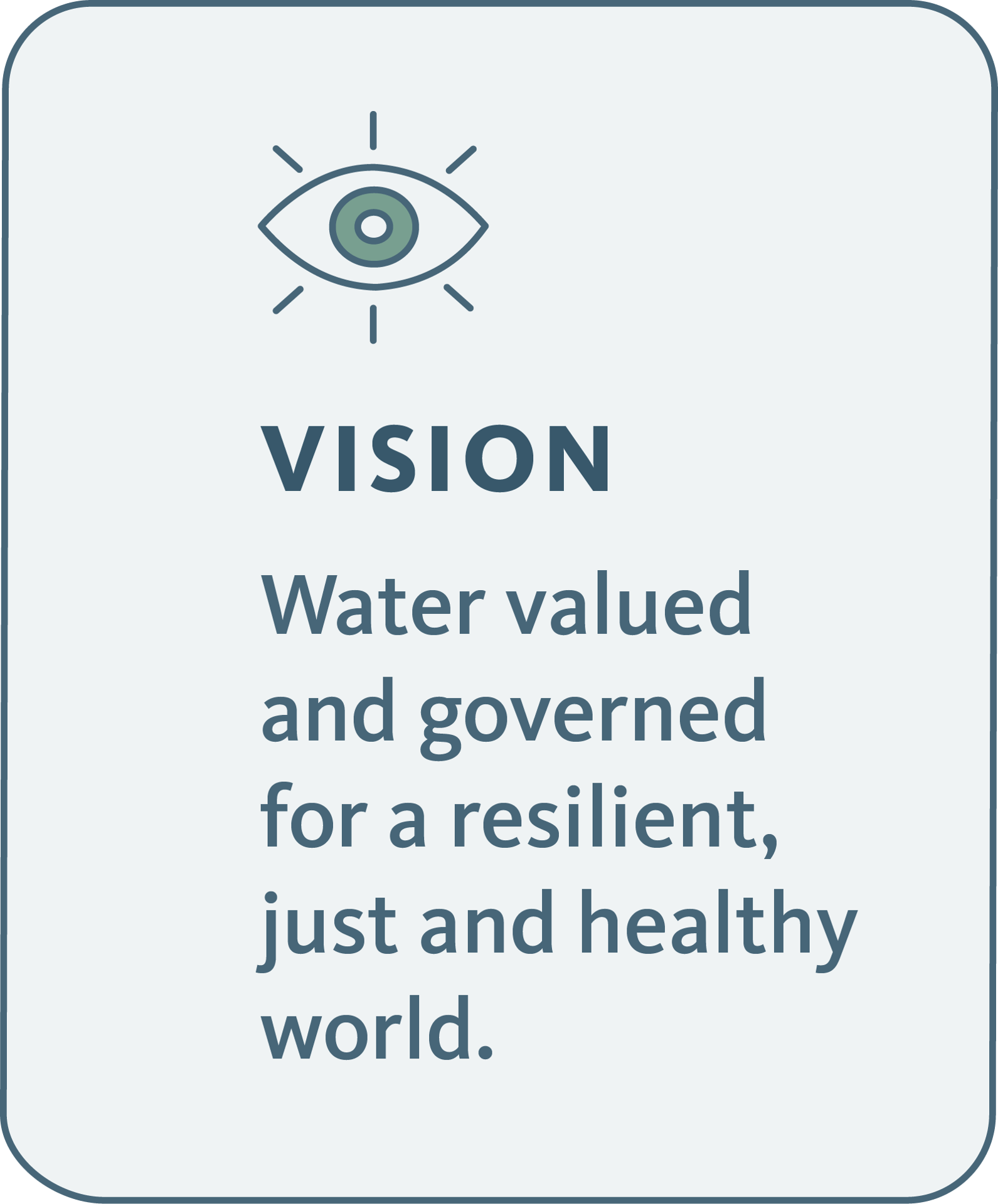 Eye icon, 'VISION', and text: "Water valued and governed for a resilient, just and healthy world."