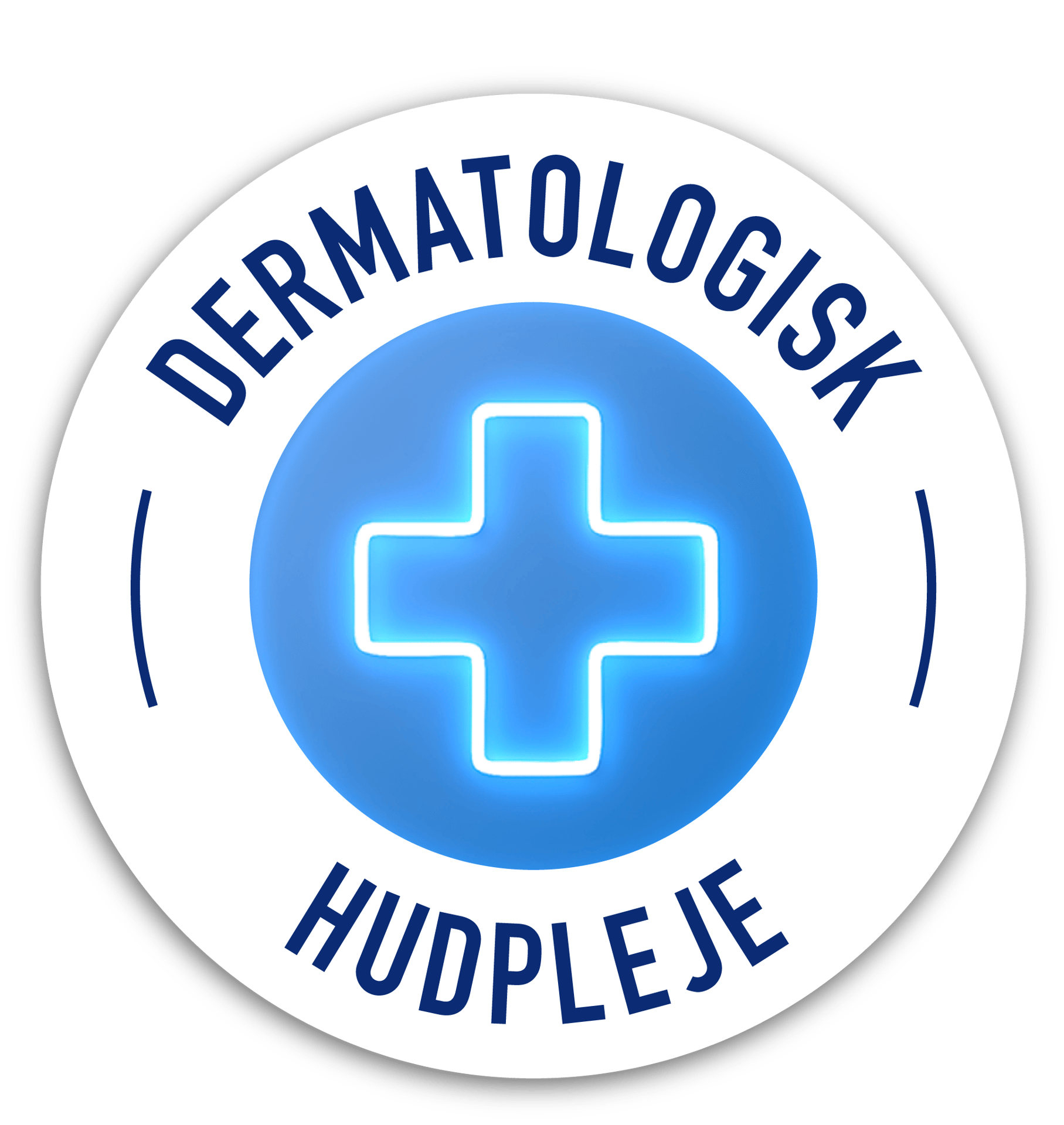 Circular logo: "Dermatologisk Hudpleje" text, with a glowing blue cross symbol in a central blue circle.