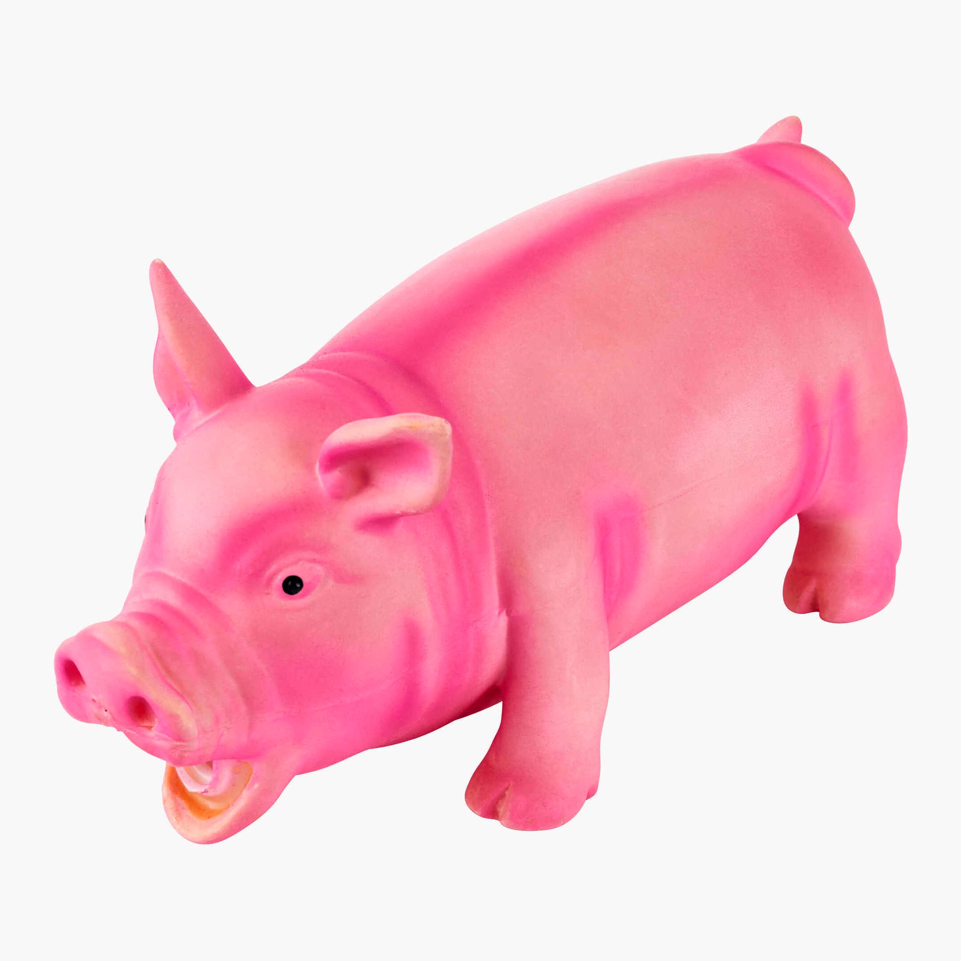 Pink rubber pig toy, open mouth.
