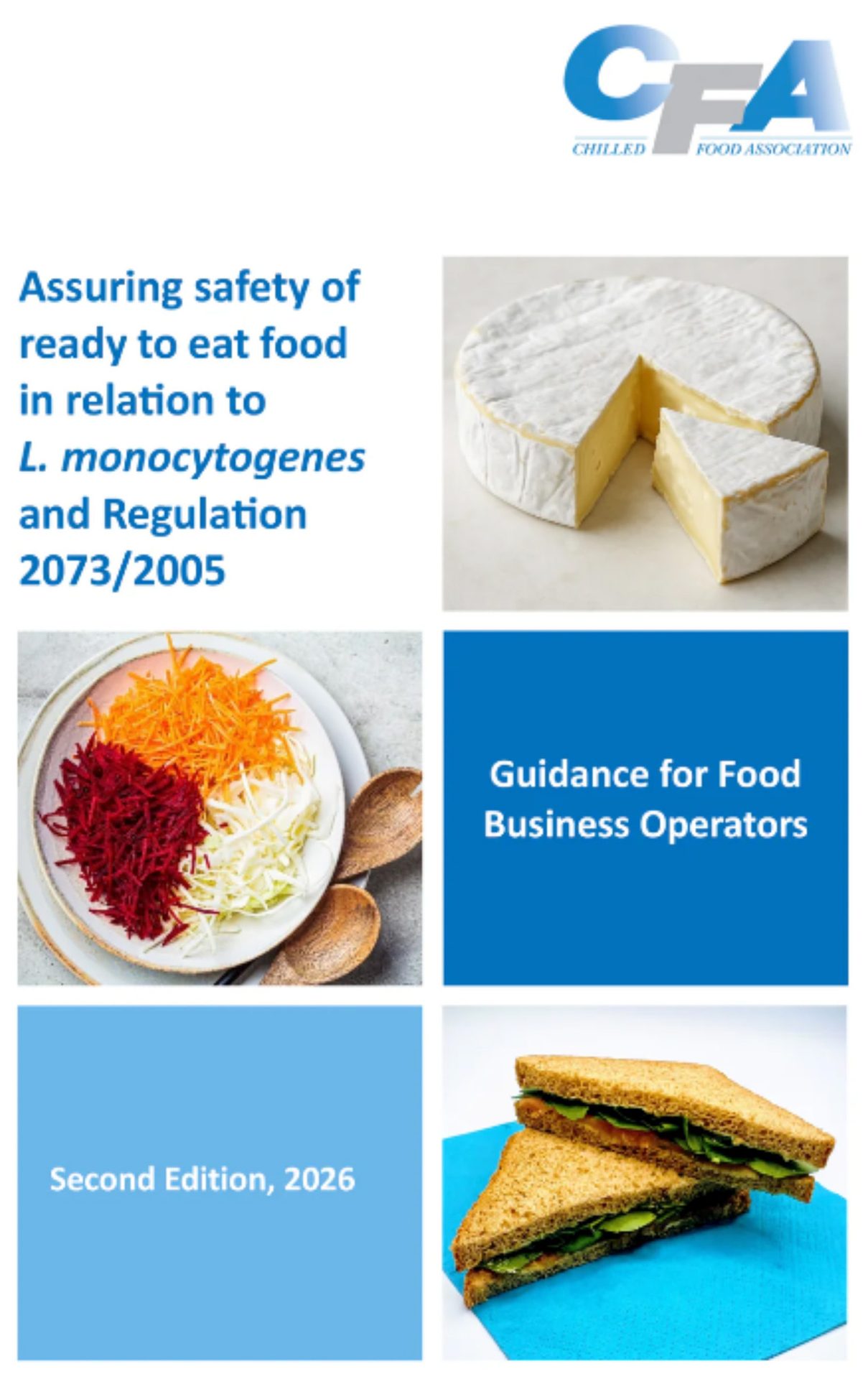 Cover for a food safety guide for ready-to-eat foods, featuring images of cheese, vegetables, sandwiches.