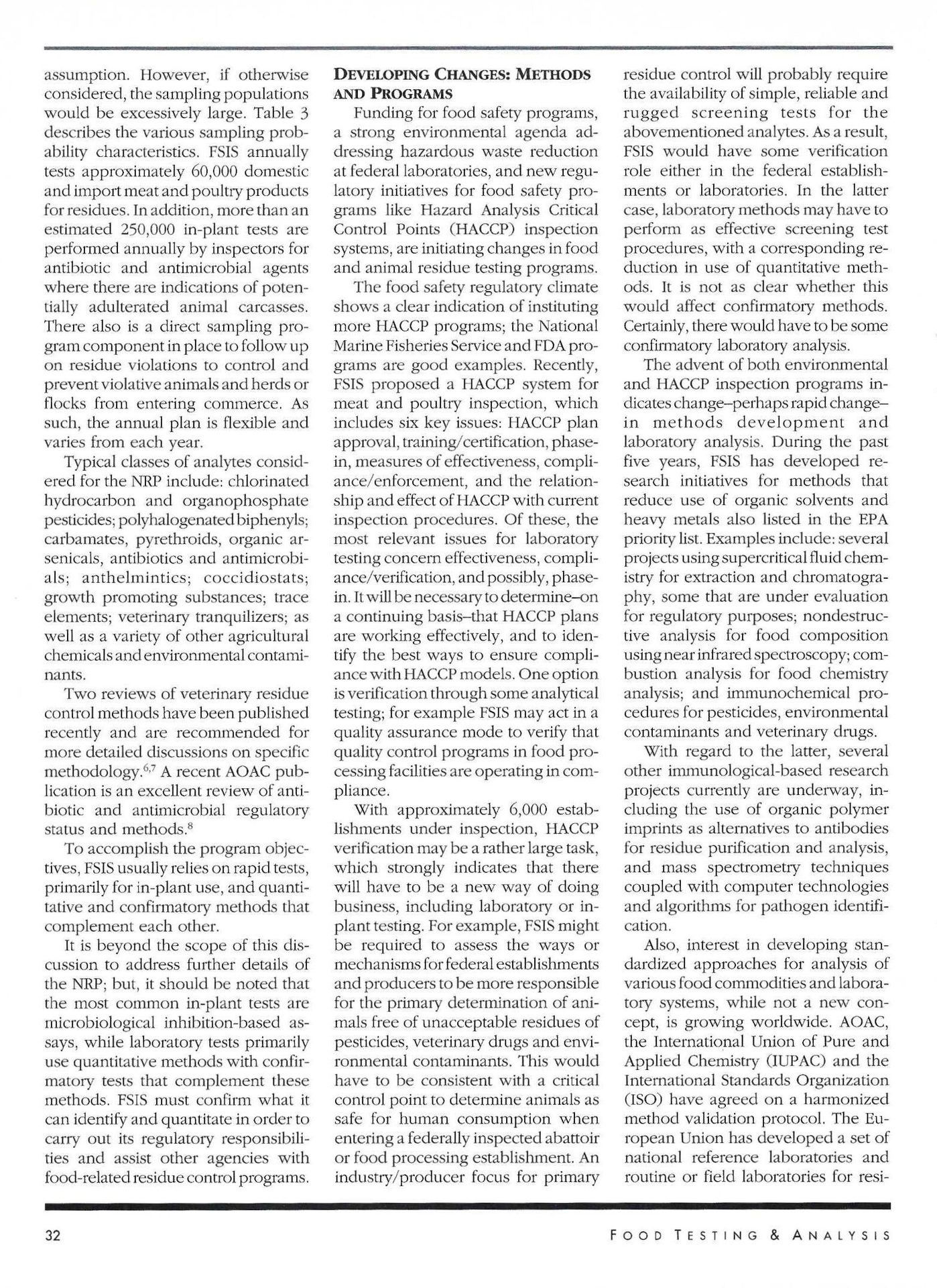 Article text discussing food testing, residue control, HACCP programs, and analytical method changes.