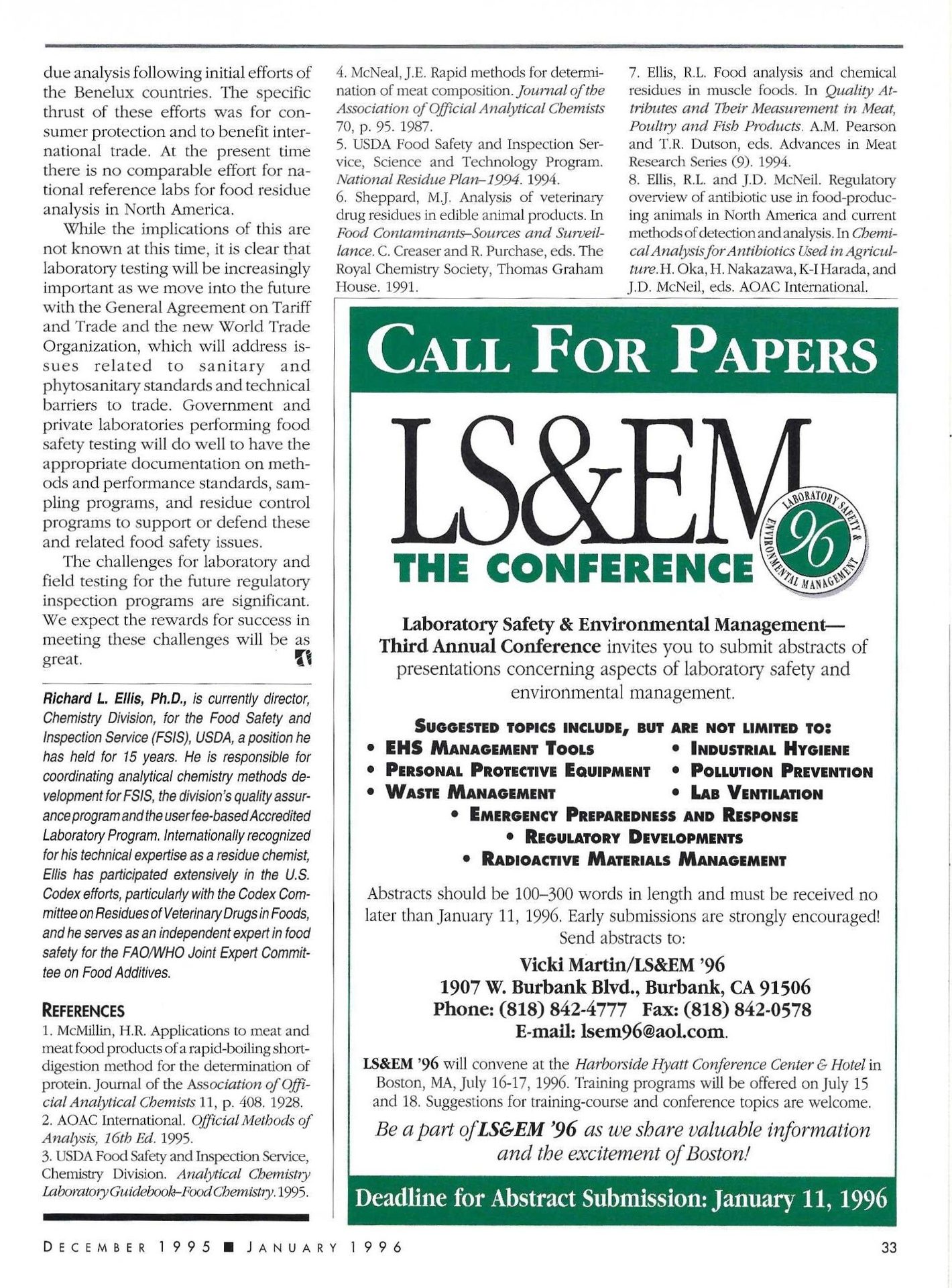 Call for Papers: LS&EM '96 Laboratory Safety & Environmental Management conference. Deadline Jan 11, 1996.
