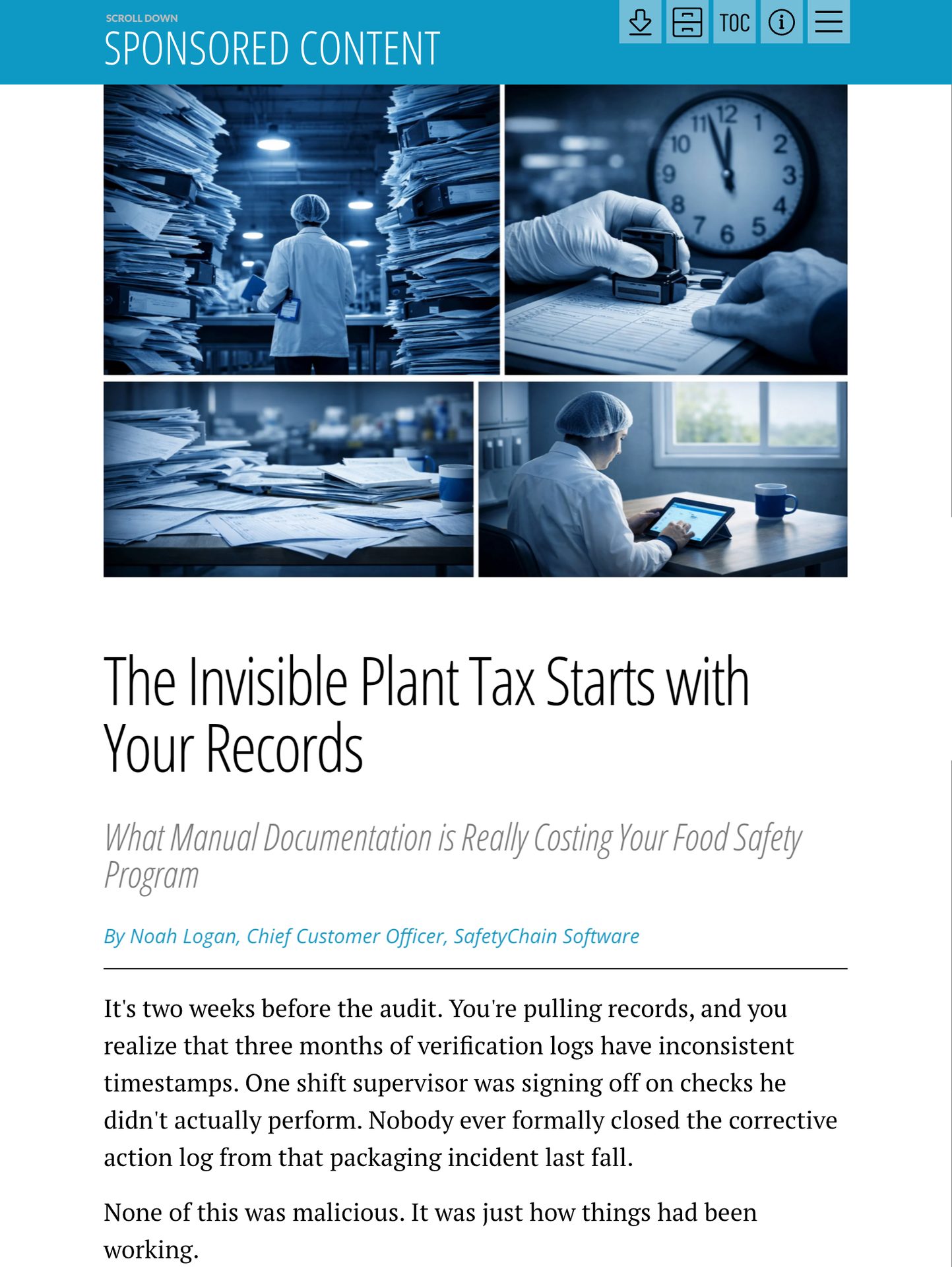 Scenes of manual record-keeping, stacks of documents, and a worker using a tablet in a plant environment.