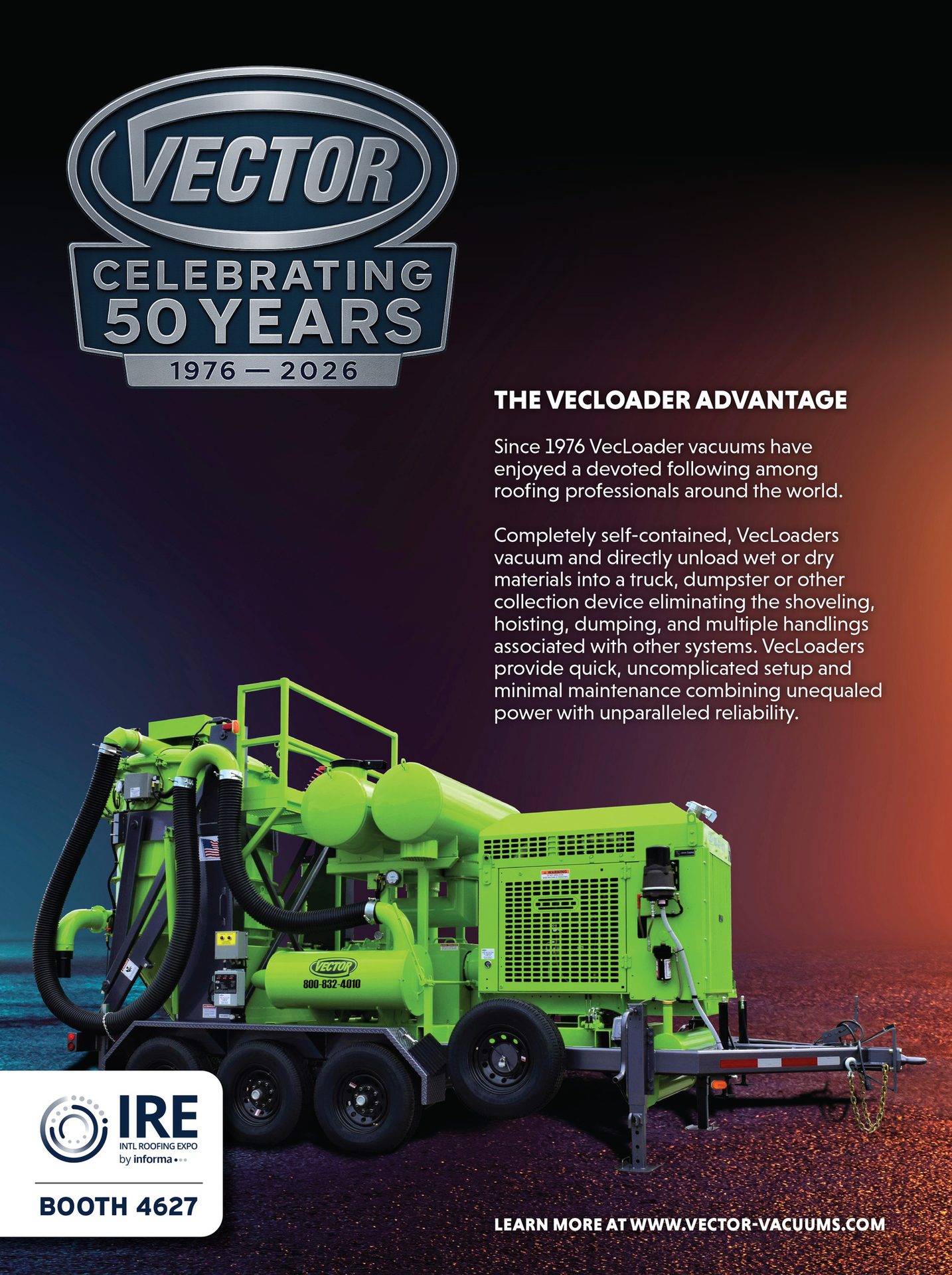 Vector VecLoader industrial vacuum machine celebrating 50 years, shown with details on its roofing applications.