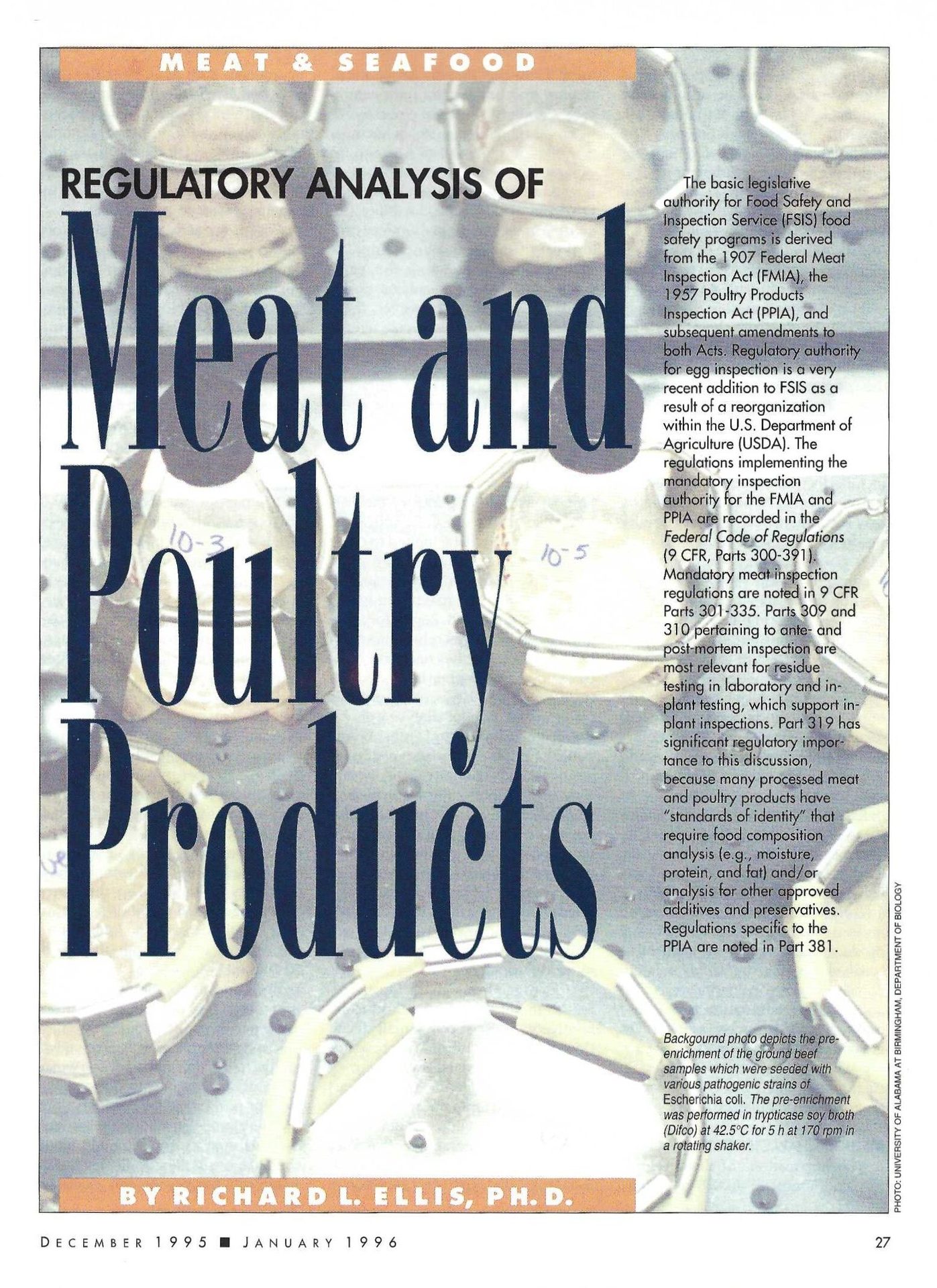 Magazine page: "Regulatory Analysis of Meat and Poultry Products" article, with meat testing lab equipment.