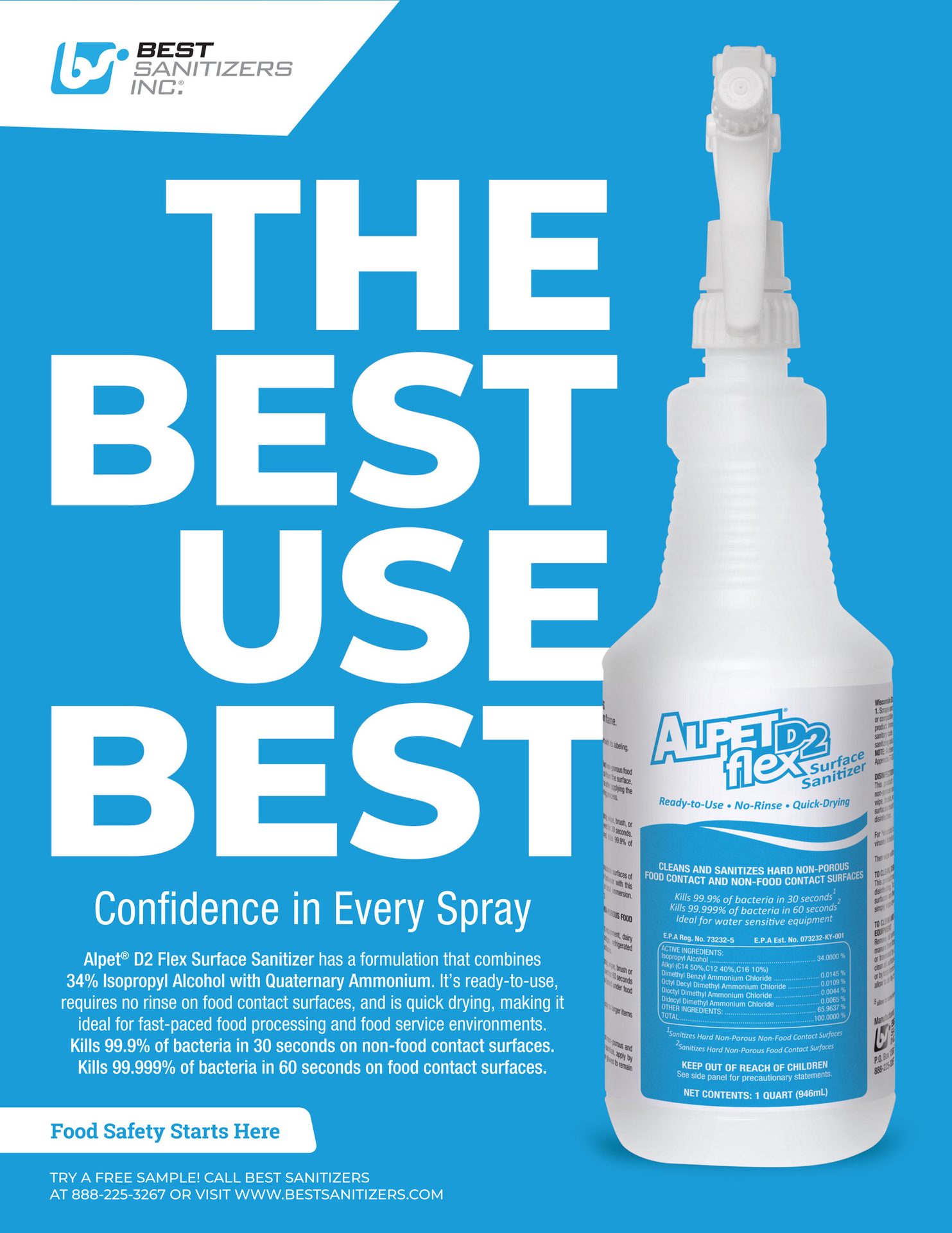 Alpet D2 Flex Surface Sanitizer bottle on a blue background with "THE BEST USE BEST" text.