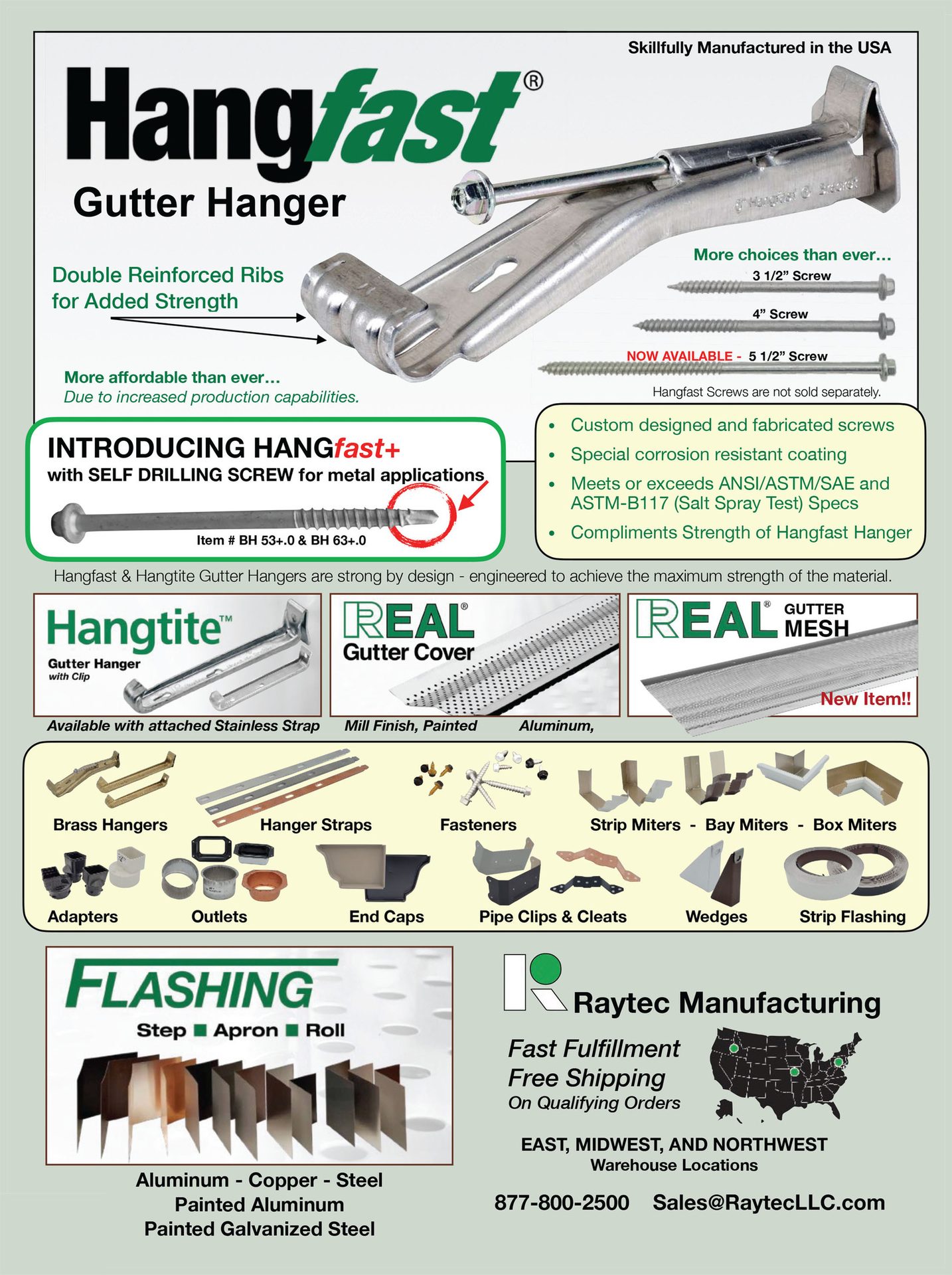 Raytec Manufacturing ad for Hangfast gutter hangers, covers, flashing, and accessories.