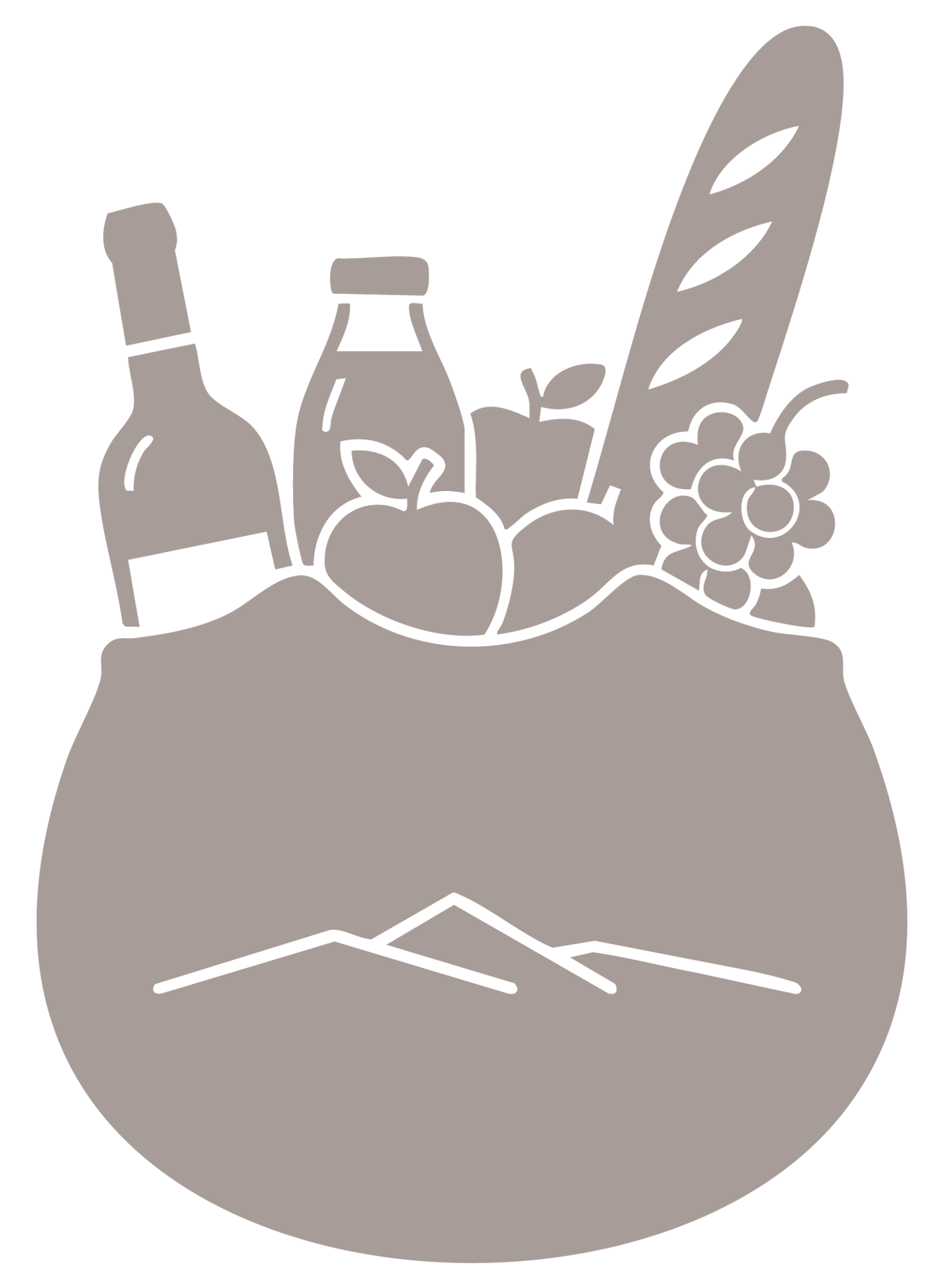 Grocery bag with wine, milk, apples, bread, grapes, and a mountain logo.