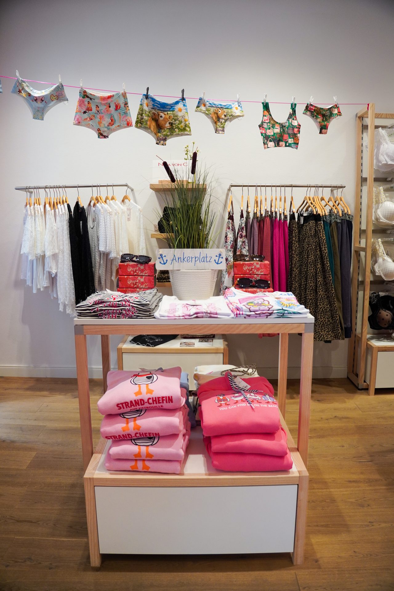 Boutique display with underwear on a line, clothing racks, and folded apparel including pink sweatshirts.