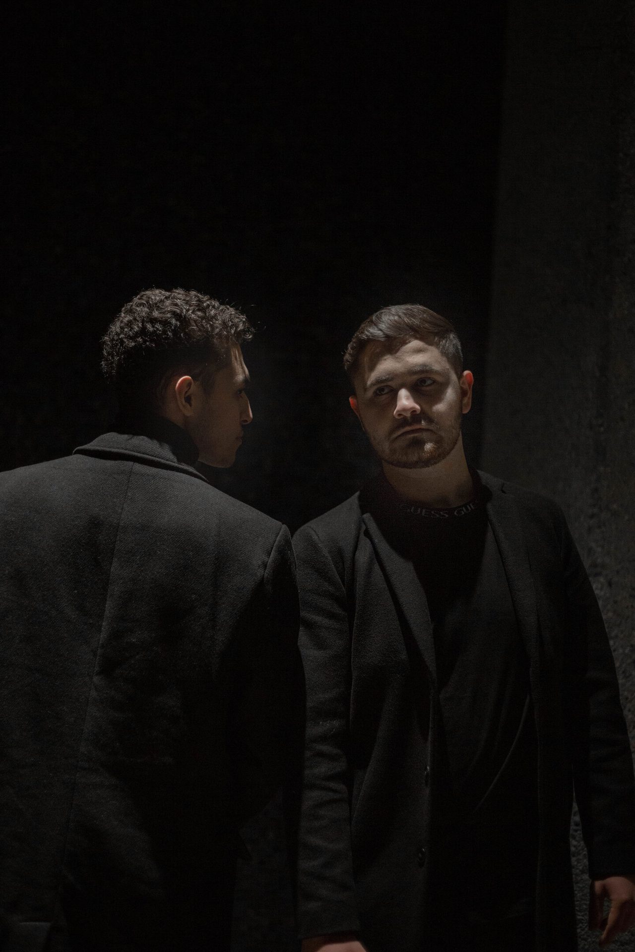 Formal wear, Outerwear, Standing, Collar, Coat, Darkness, Blazer