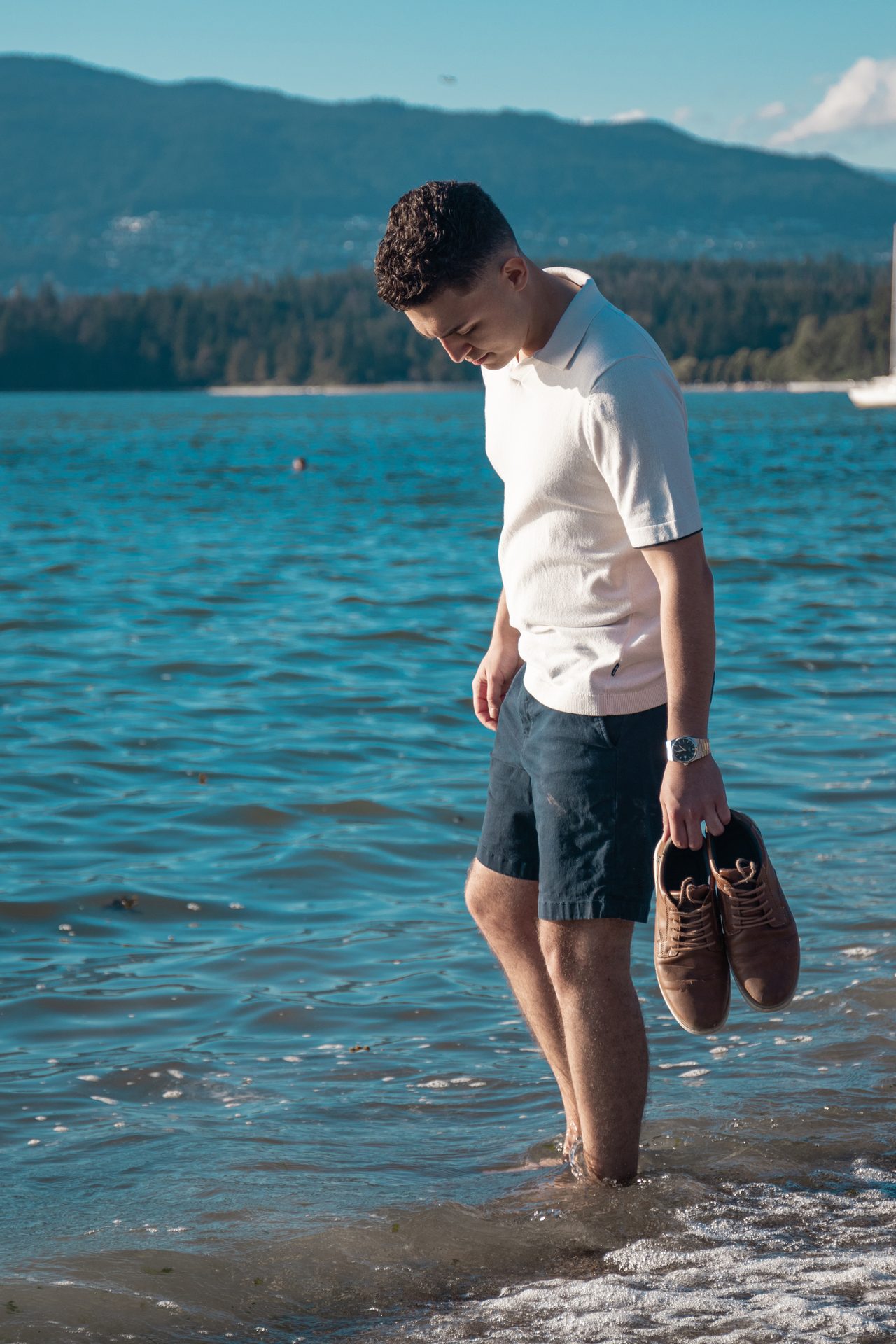 People in nature, Water, Sky, Shorts, Blue, Leg, Azure, Lake, Happy